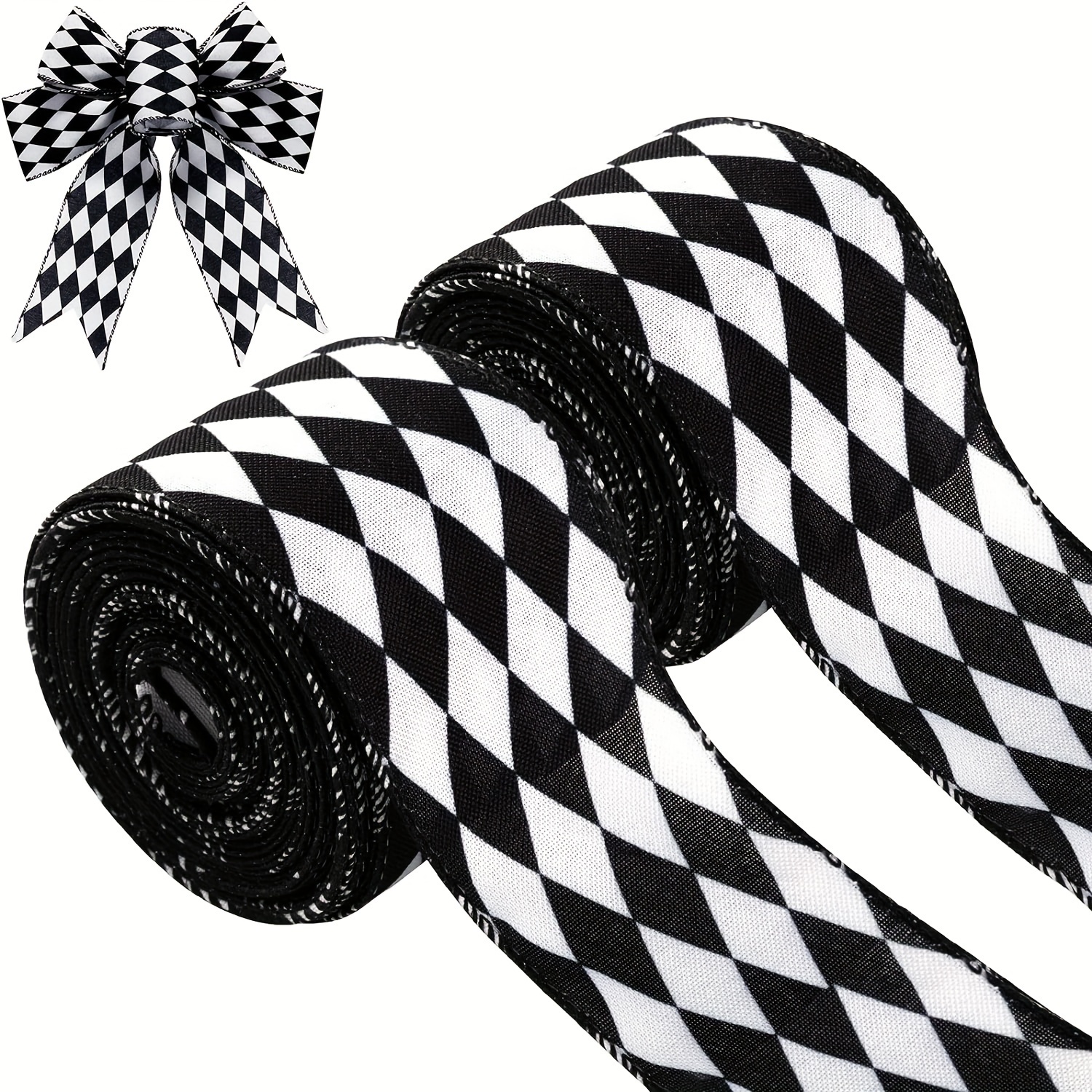 TEMU 2 Rolls Of 5 Yards Christmas Ribbon Black And White Ribbon Diamond Wired Edge Ribbon Diamond Pattern Decorative Ribbon For Christmas Fall Tree