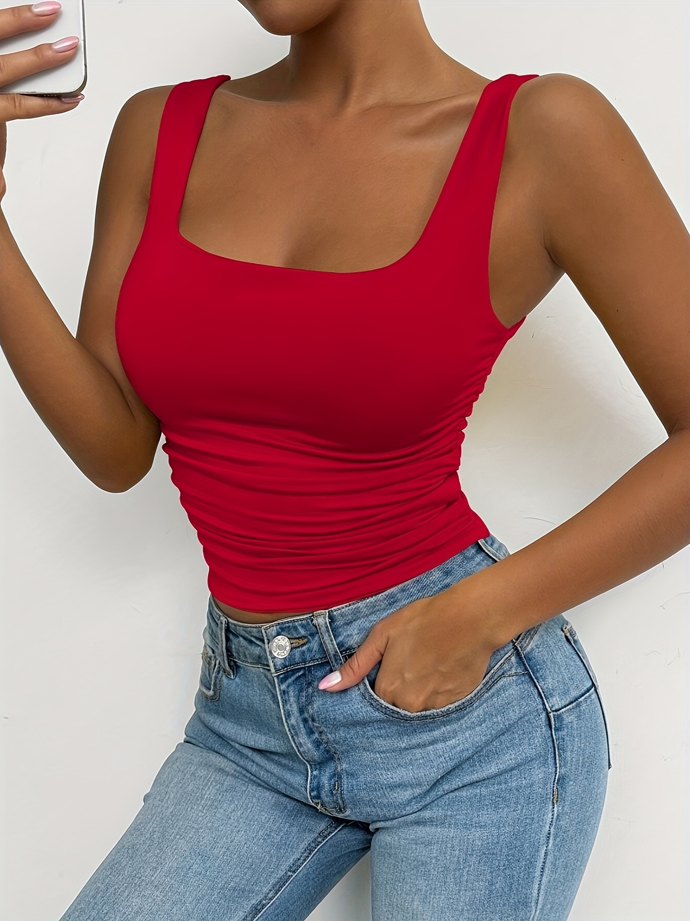 Women'S Red Strapless Tank Top - Skinny Fit, Sleeveless, All-Season, Sexy Style, Solid Color, Perfect for Casual Attire, Casual Attire Top|Strapless Fashion|Skinny Fit Top