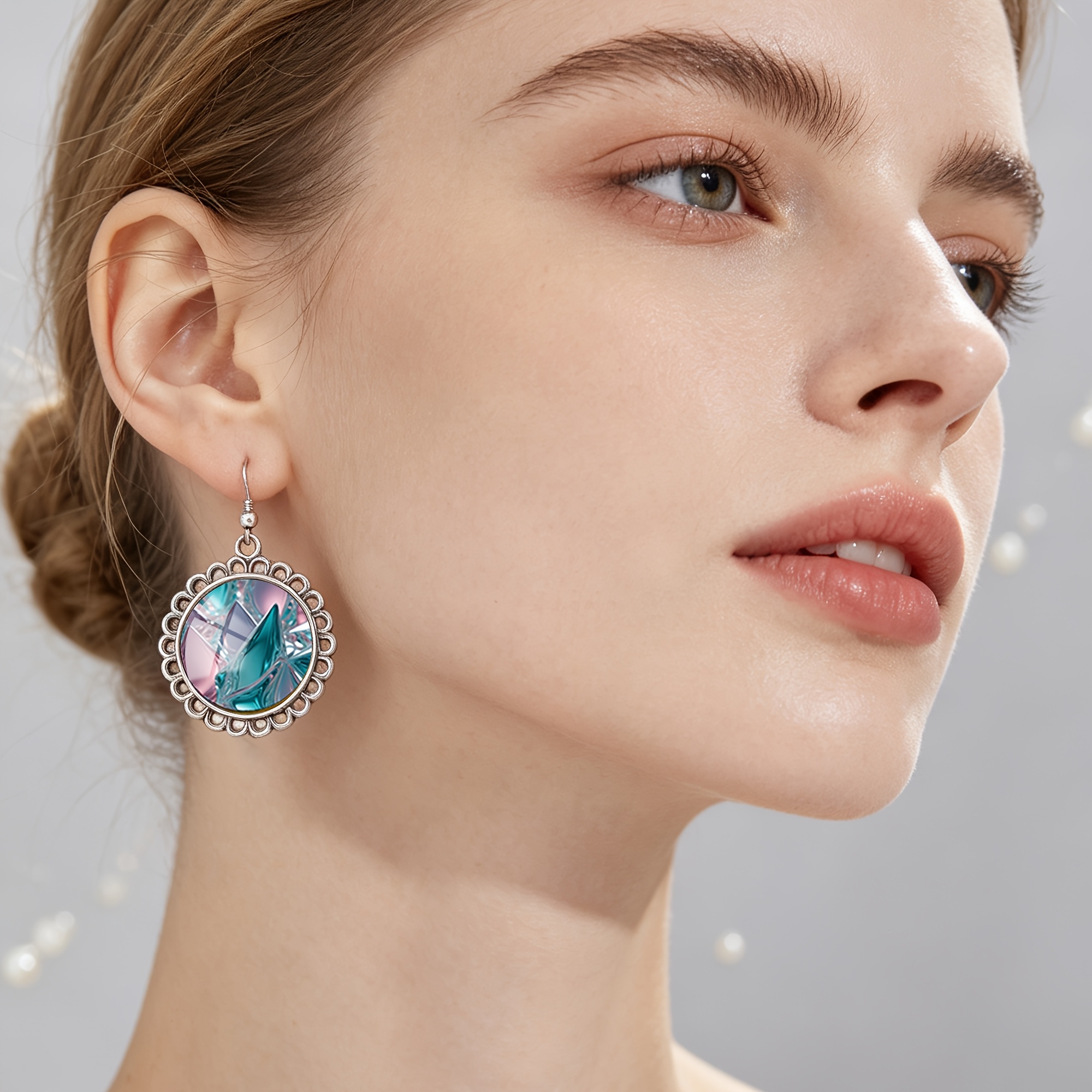 Gradient Blue-Pink Glass Texture Round Earrings, Unisex
