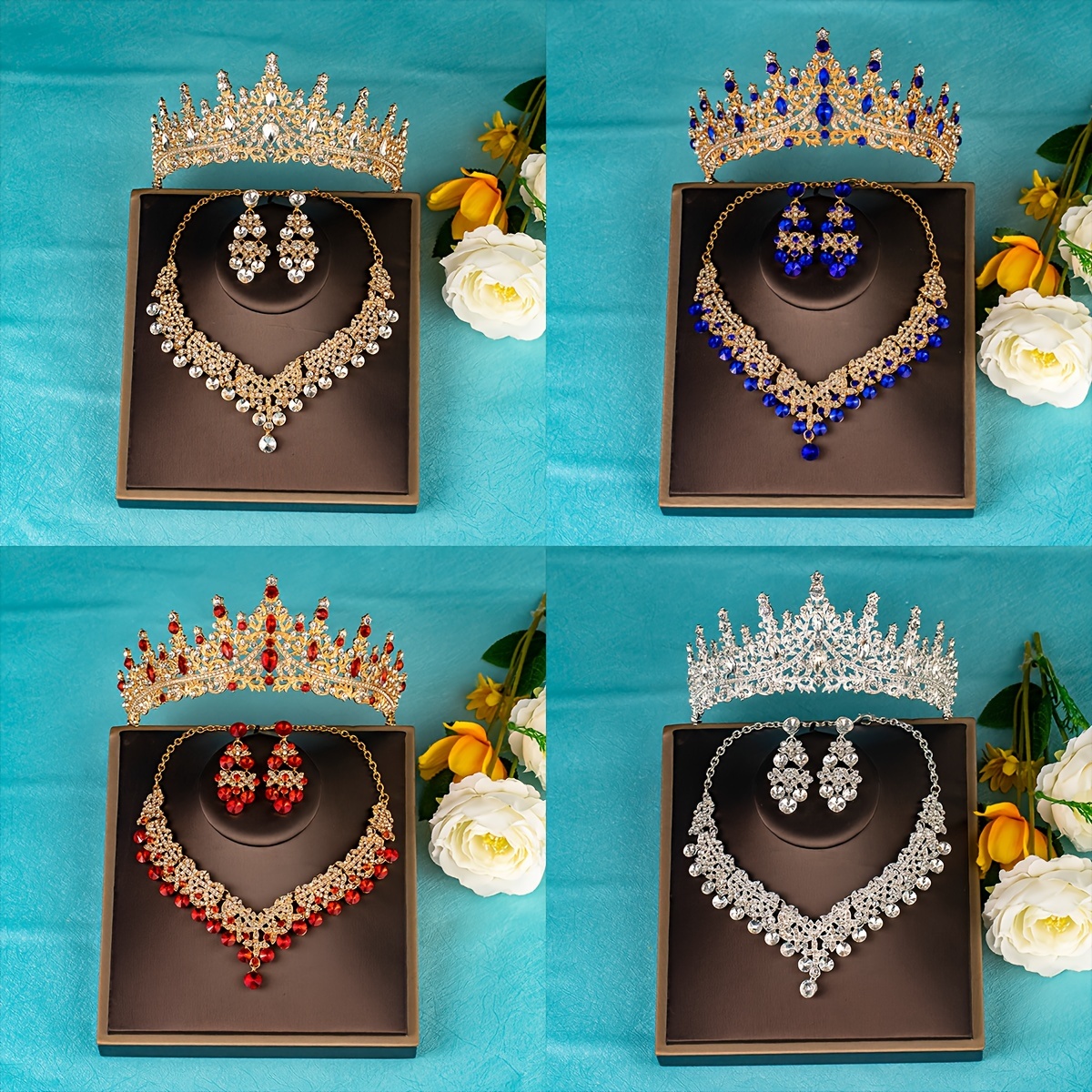 Elegant Rhinestone Crown Jewelry Set with Necklace and Earrings, Classic Zinc Alloy Bridal Tiara for Wedding, Party, Stage Performance, All-Season Accessory