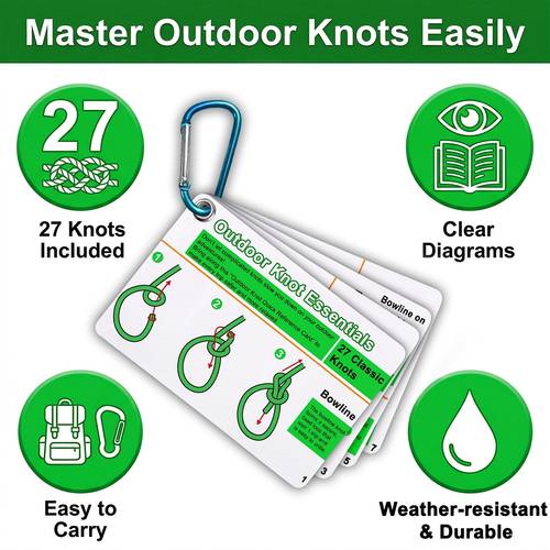 27 knot outdoor camping guide card set essential knots for tent pitching hiking weatherproof pvc portable pocket reference cards random color backpack keychain clip
