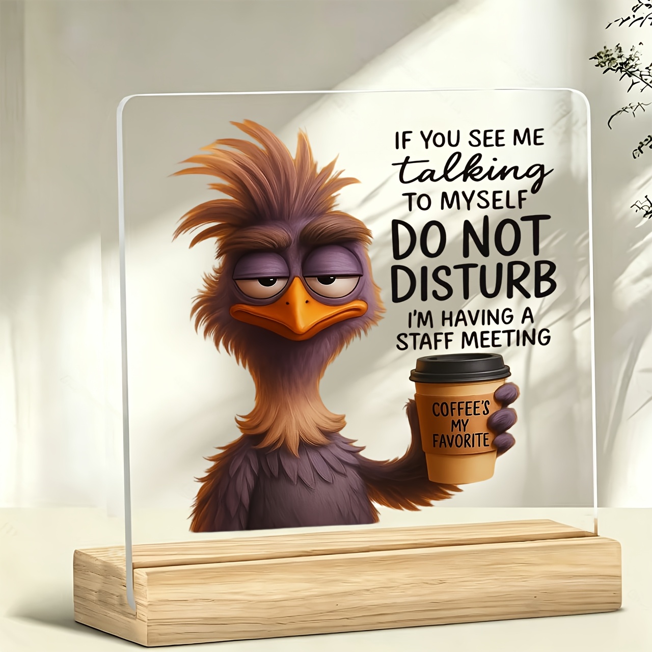 TEMU 2d Flat 1pc Purple Cartoon Bird Holding Coffee Cup Paperweight Inspirational Desktop Ornament Tabletop Decoration Office Desk Bar Decoration