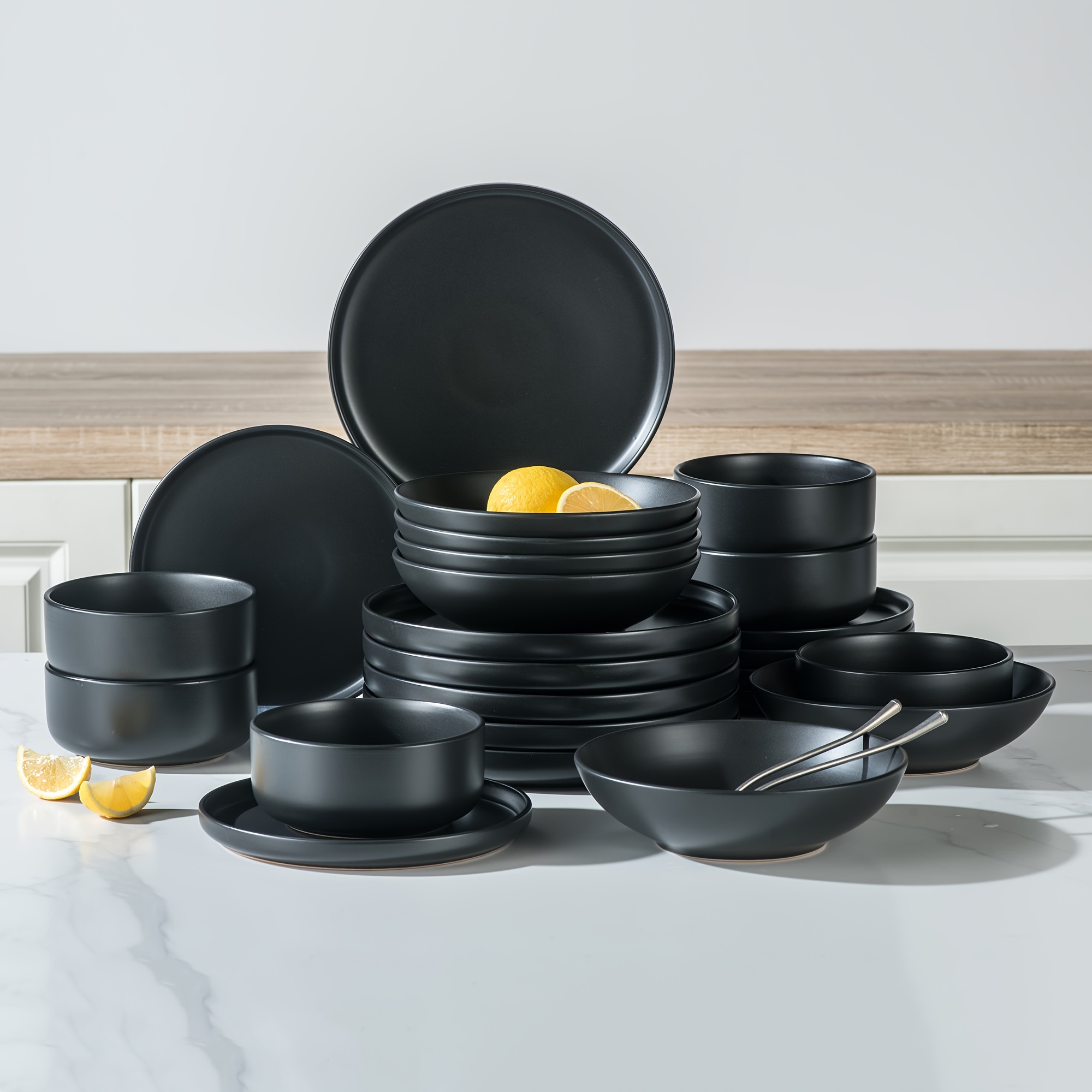 TEMU Black Crockery Sets For 6 People, Dinner Set 24pcs Plates And Bowls Set, Elegant Dinnerware With Matte Glaze, Playa Dinner Sets