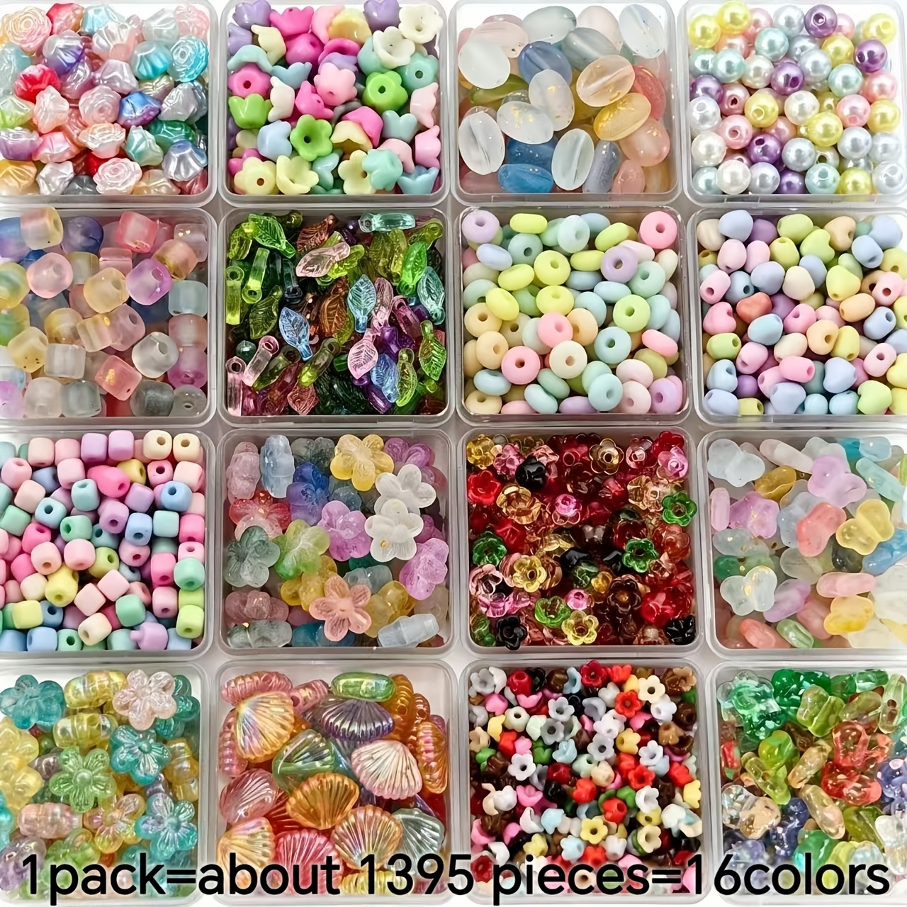 TEMU 1395pcs 4 X 12mm 16 Styles Assorted, Macaron Color Acrylic Bead Additions 5-petal Flower//bucket Bead/round Bead/leaf/abacus Bead Assortment,