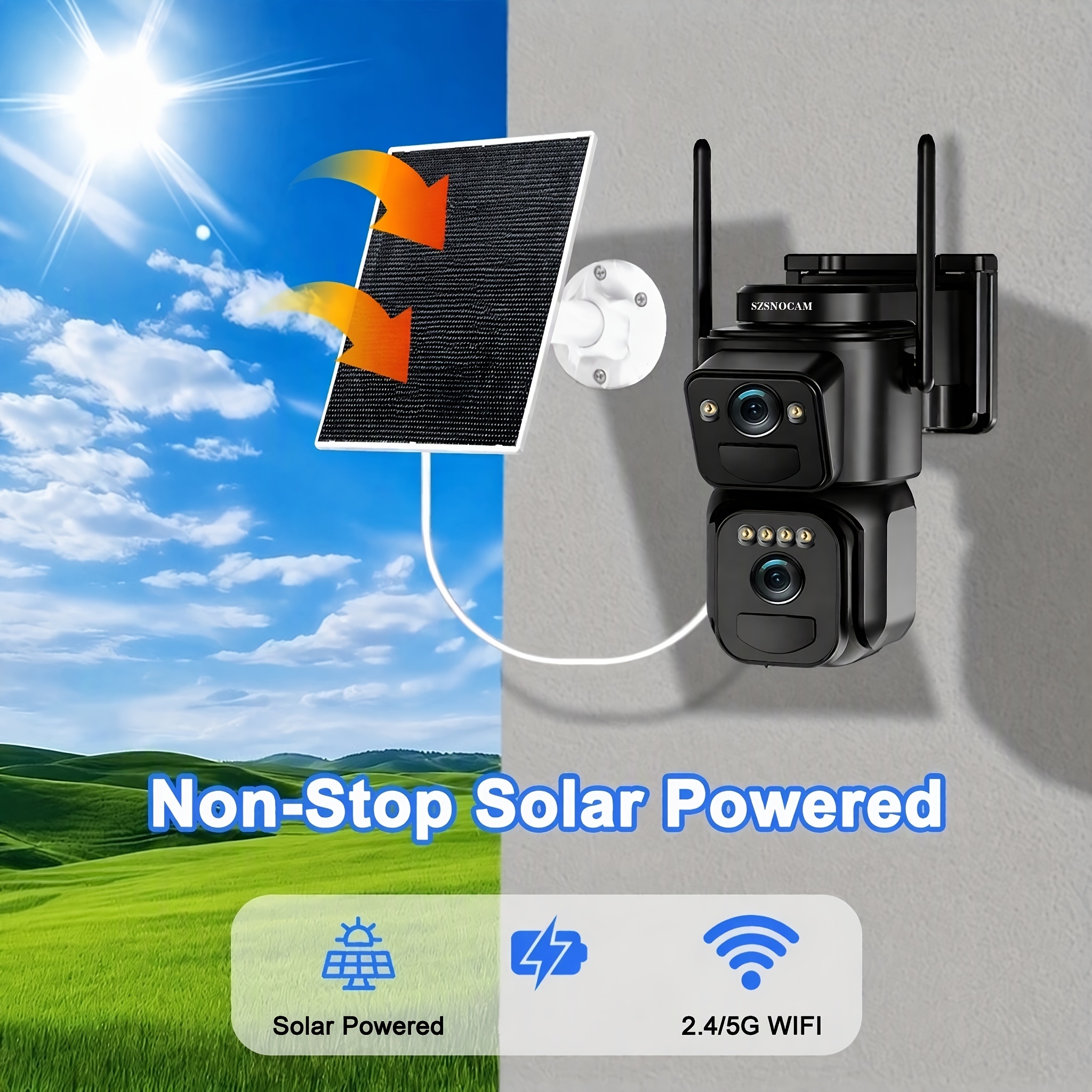 Image of [10x Zoom] 360-degree Low-power Cctv Solar Panel Battery 1080p Wifi Camera With Spotlight Alarm, Motion Detection, Color Night Vision, Audio, 1 Device = 2 Cameras (solar Camera And Solar Ptz Camera)