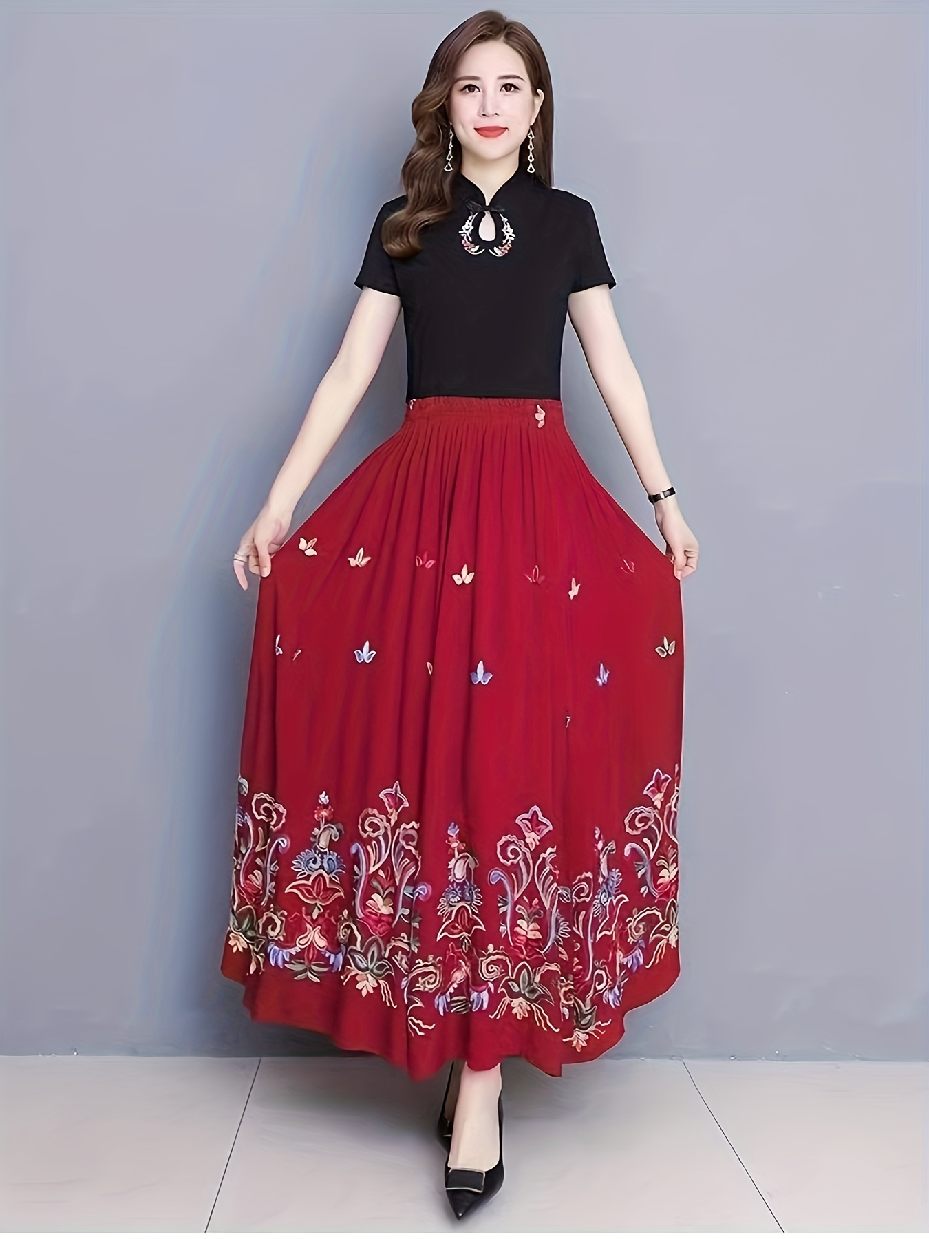 Nepal製 designed embroidery skirt EK-GBS-0035-PLSE-BLMC-MD18904C