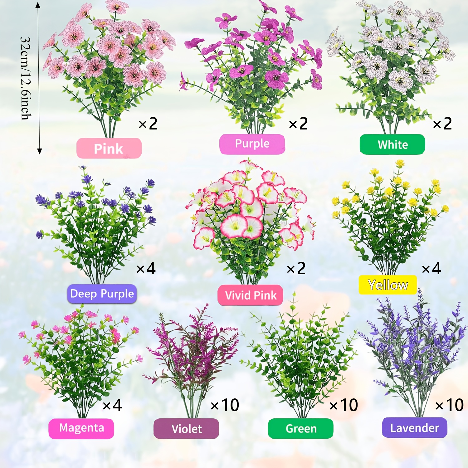 Image of 50 Bundles Outdoor Artificial Flowers - Lavender, Camellia, Grass, Eucalyptus Leaves And More, Uv Resistant Realistic Fake Flowers No Fading. Wedding Party