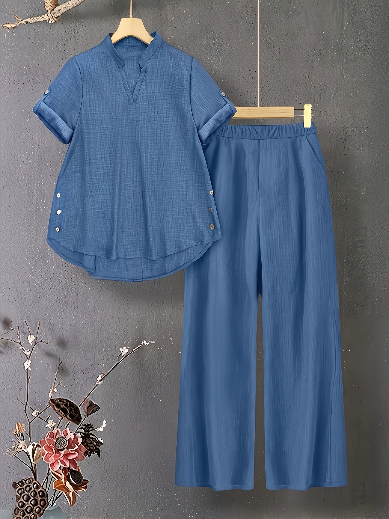 New V-neck Button-detail Short-sleeve Top with Elastic Waist and Side Slant Pockets Women's Set