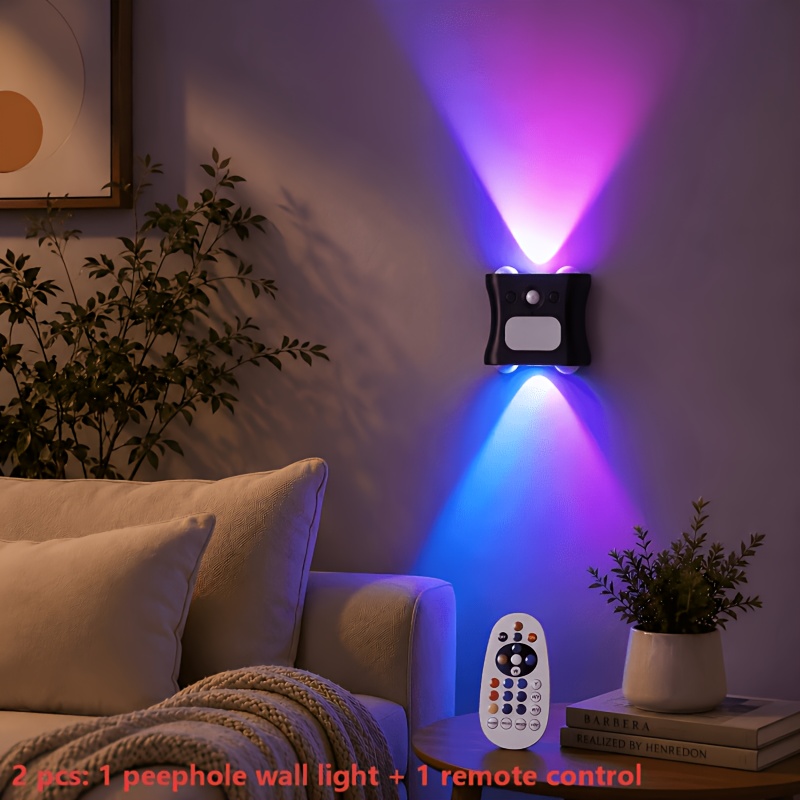 TEMU 2 pezzi (1 lampada da parete Cat Eye e 1 telecomando) Lampada a induzione 16 colori RGB, lampada da comodino da parete, installazione magnetica,