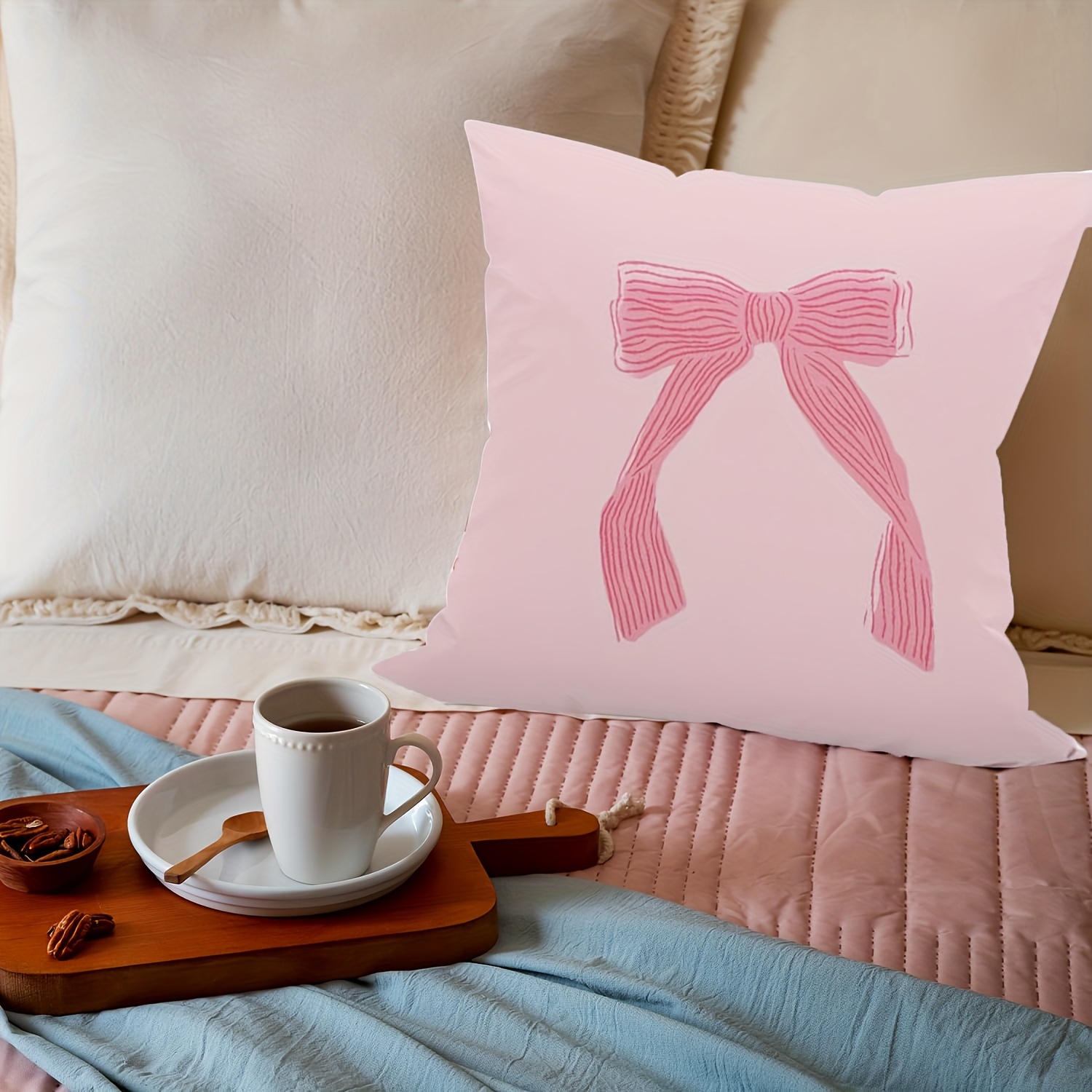 4PCS Modern Pink Throw Pillow Covers with Bow and Cherry Patterns,  Contemporary Machine Washable Pillowcases 18x18 Inches with Invisible  Zipper, Woven