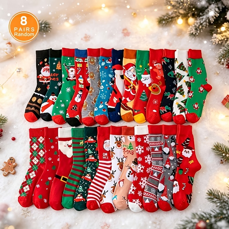 item picture 8-Pair Pack Christmas Themed Unisex Socks Suitable for Men & Women, Vertical Stripe Stretch Long Mid-Calf Party Wear, Winter Holiday Gift Socks with Random Patterns ( Casual, Hand Washable) - Year-Round Versatile Style, Open in new tab.