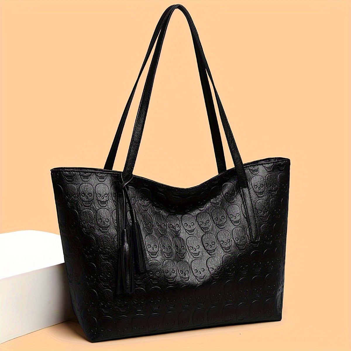 

Fashion Skull Print Tote Bag For Women, Stylish Casual Pu Leather Shoulder Bag With Tassel Detail