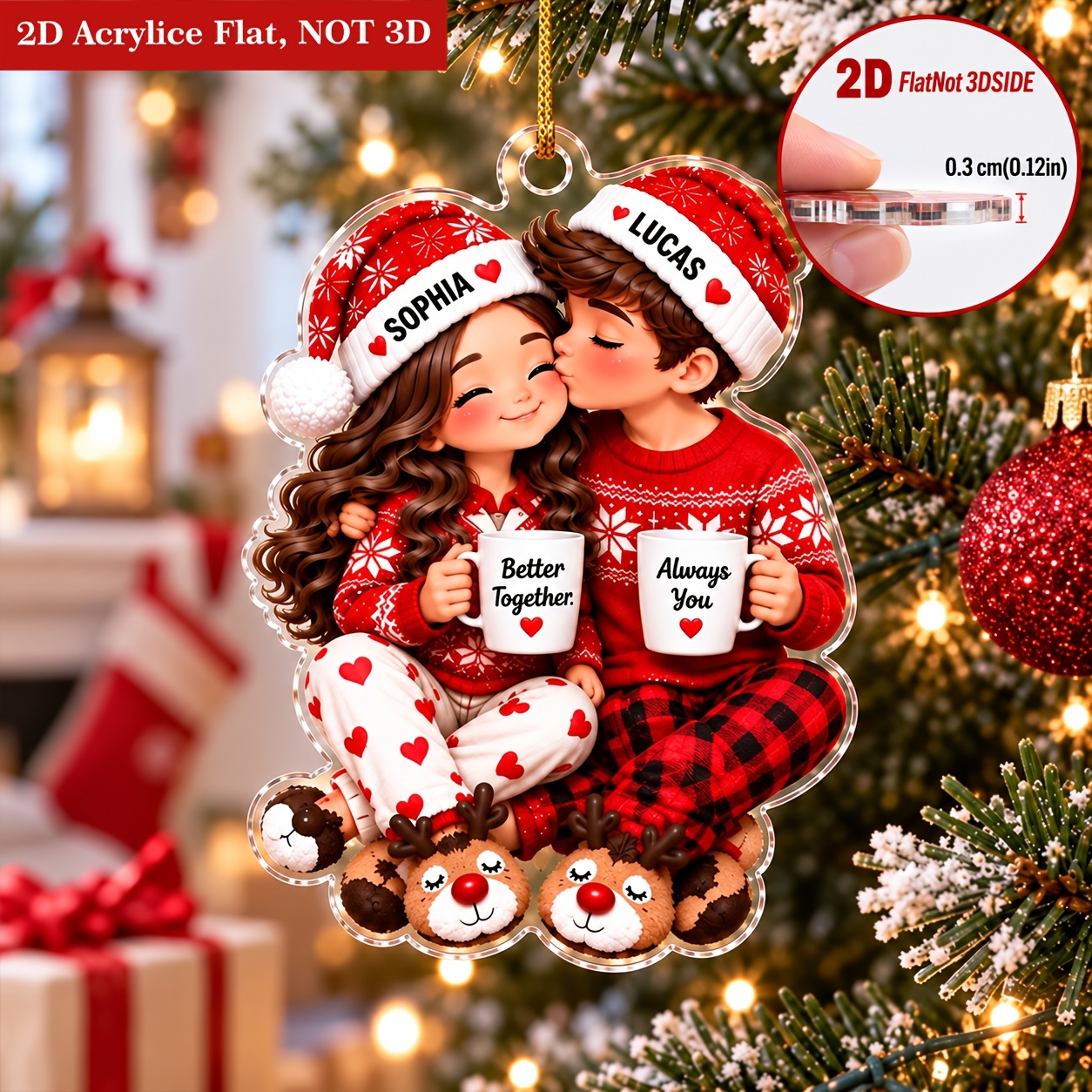 TEMU 2d Flat 1pc Personalized Couple Christmas Acrylic Ornament, Custom Name Cute Couple Holding Mugs Hanging Pendant, " You" Quote, Christmas Tree