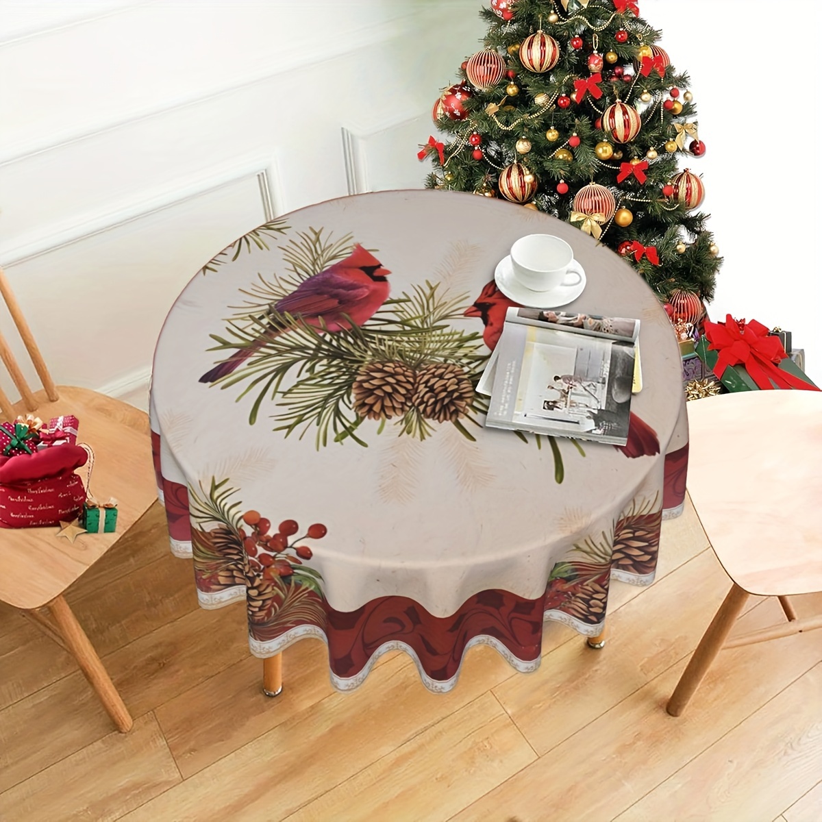 

Merry Christmas Floral & Bird Print Round Tablecloth - Stain-resistant, Washable Microfiber, Holiday Parties & Home Decor, Ideal Gift, Christmas Tablecloth