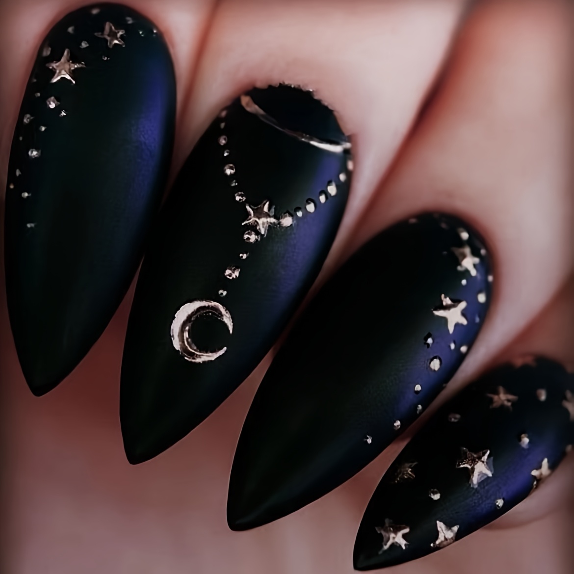 TEMU Women's Black Almond-shaped Medium-length Matte Nails With And Moon Necklace Accessory, Golden