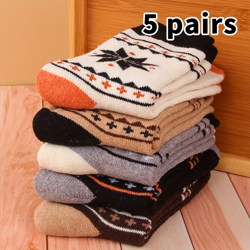 5 Pairs Men's Thick -lined Warm Socks - Breathable, Moisture-wicking Mid-calf Crew For Winter