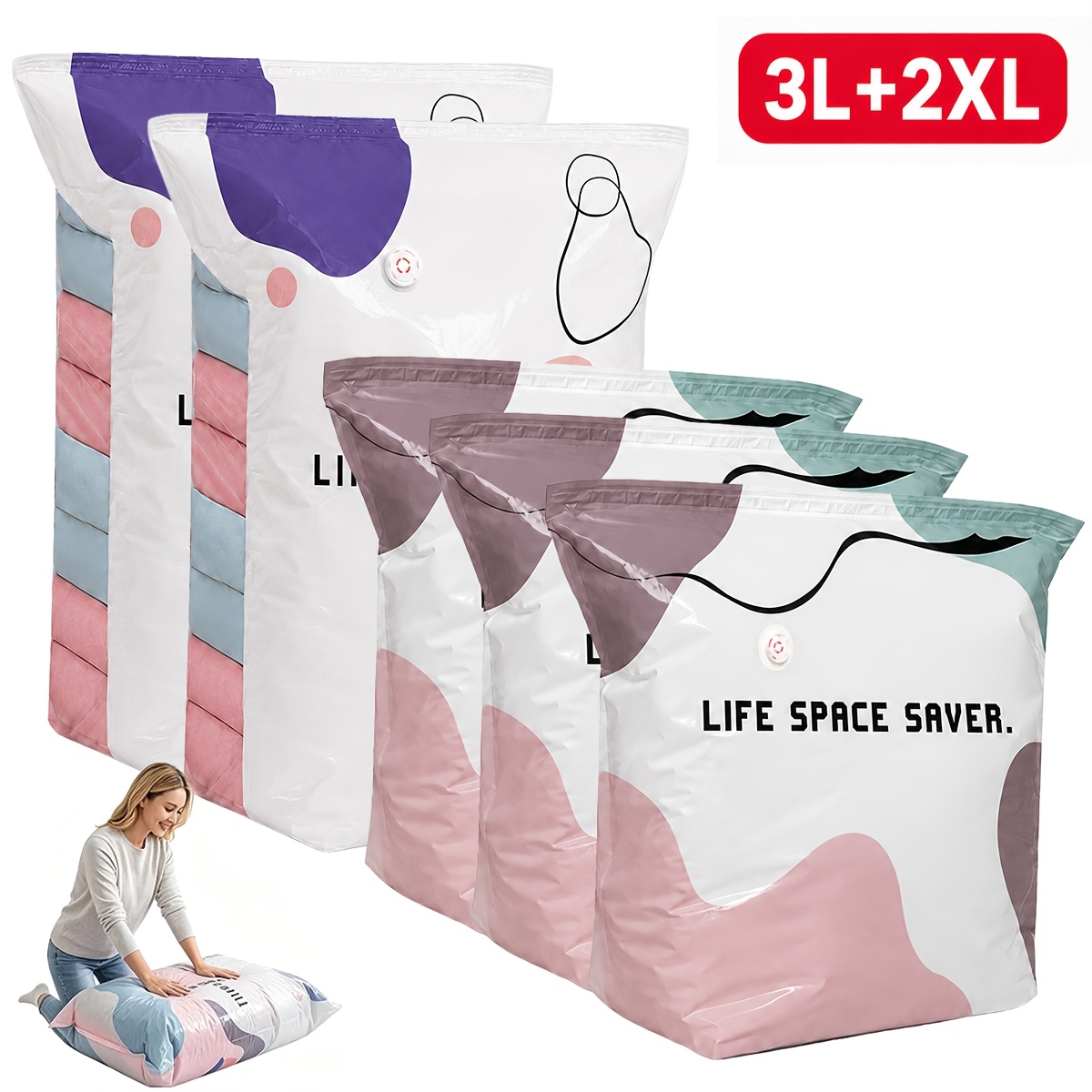 TEMU 5 sacs de rangement sous vide robustes pompe avec système de à pression, compression réutilisable adaptés aux vêtements, couvertures de lit,