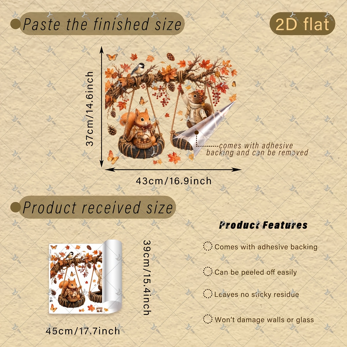 TEMU 2d Flat, 1pc 2d Flat Printed Branch Squirrel Bird Berry Maple Leaf 40*45cm Window Stickers, Creative Diy Self-adhesive Removable Pvc Decals For