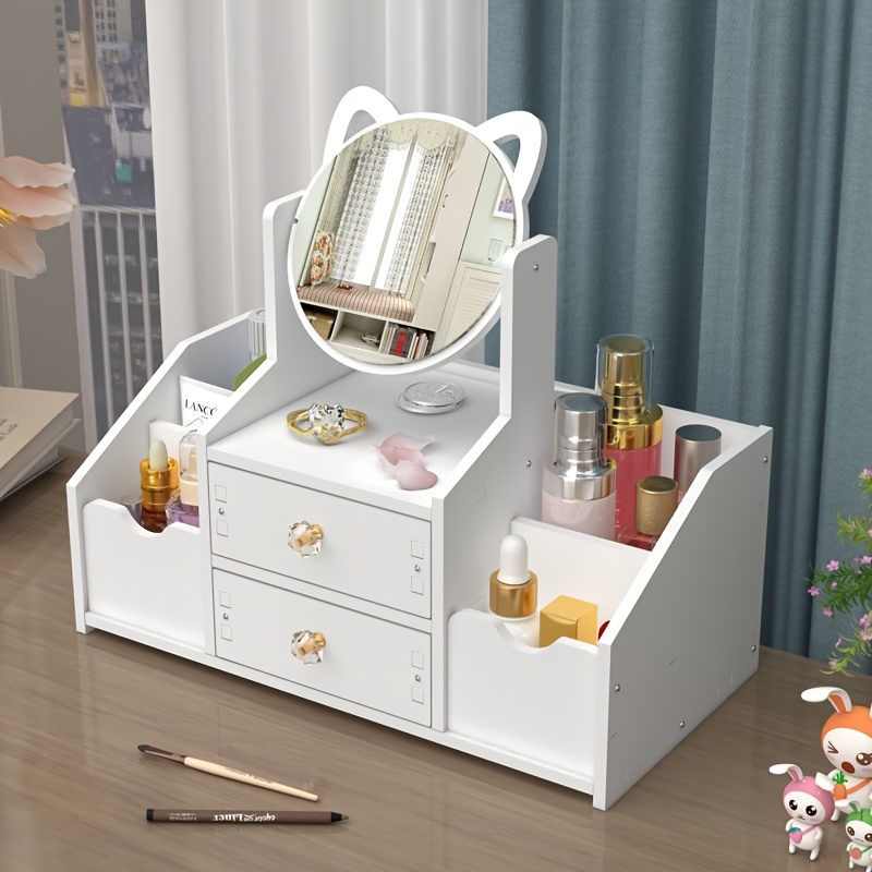 TEMU 1pc Chic White And Pink Vanity Storage Box With Cosmetic Organizer - Freestanding, 27 Inches High, 3.2 Cubic Feet Capacity, , Suitable For