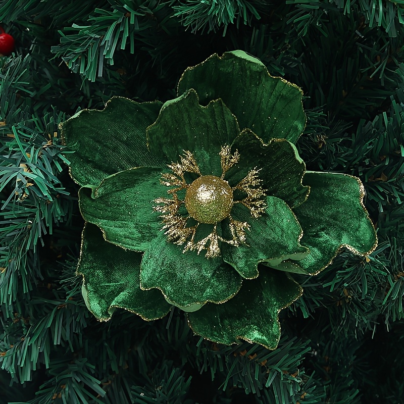 Image of Set Of 4 Sparkling Christmas Flower Decorations, Faux Magnolia For Tree , Wreaths, And Wedding Centerpieces