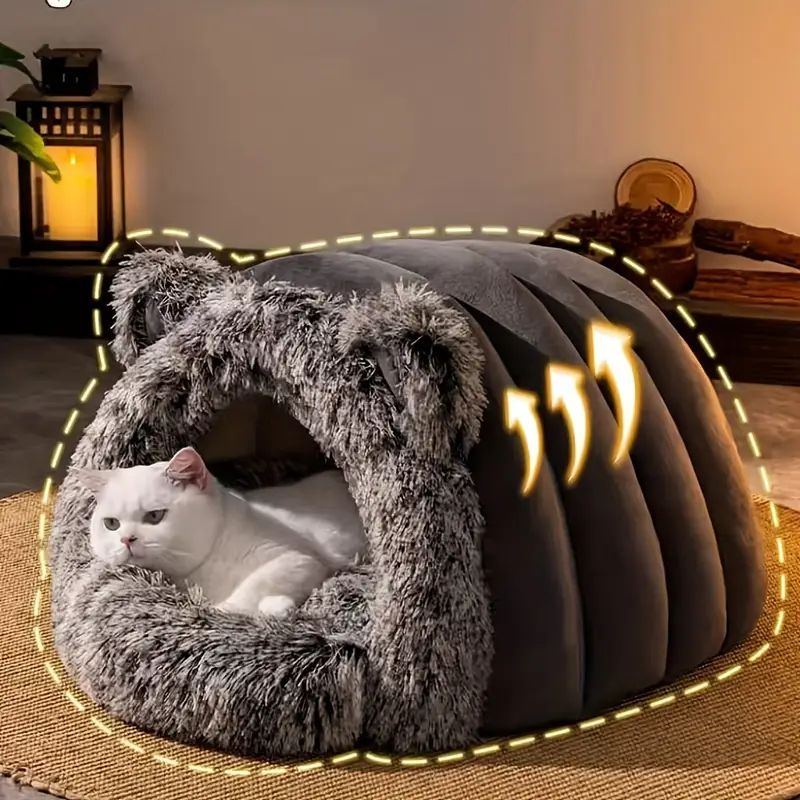 1pc winter warm fleece cat cave polyester fiber plush pet bed cozy for small to medium cats and dogs windproof 360 thermal non assembled cat house Product details 5