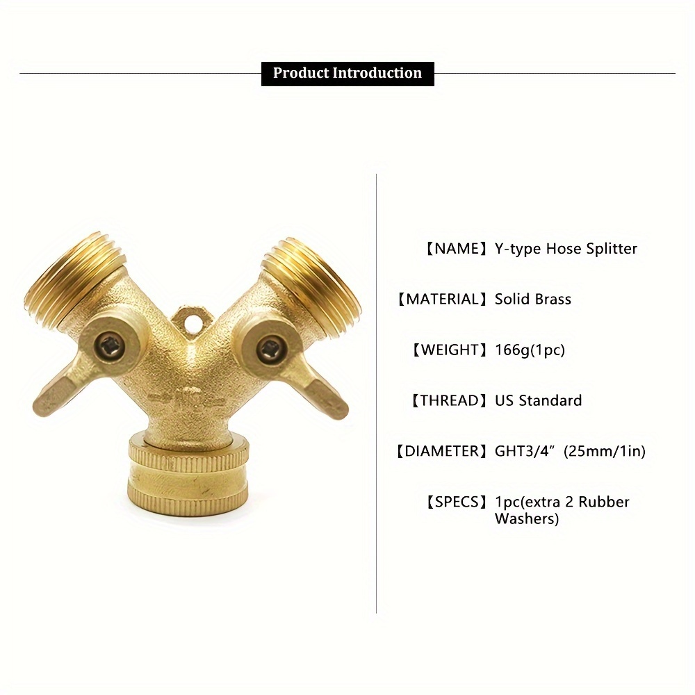 A Solid Brass Heavy-Duty Dual-Direction Y-Shaped Water Faucet Diverter, Weighing 166G, Made of Brass, Featuring a Garden Hose Splitter with Two Outlets And a GHT 3/4 Connector Valve, Includes Two 3/4
