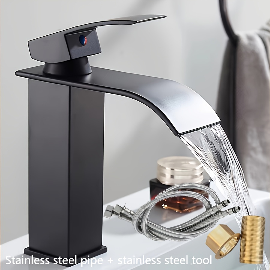 Image of 1 Stainless Steel Faucet Washbasin Waterfall Outlet Faucet Bathroom Bathroom Cabinet Single Hole Black Household Hot And Cold Water Faucet