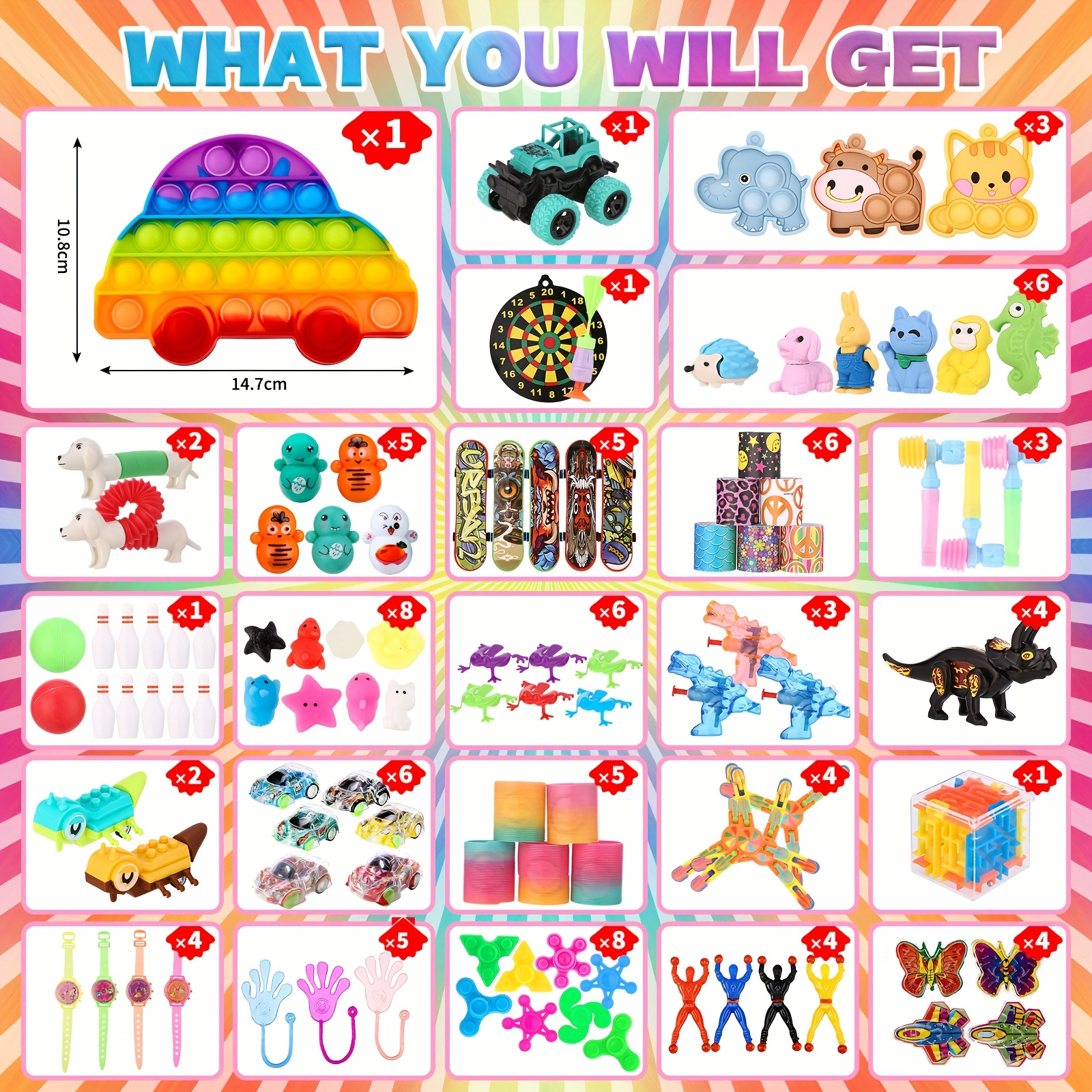 128pcs Party Favors for Kids 3-5 8-12, Pop Fidget Toys Pack Birthday Gifts Bulk Toys Goodie Bag Stuffers, Treasure Box Toys for Classroom Prizes Pinata Stuffers Random Color