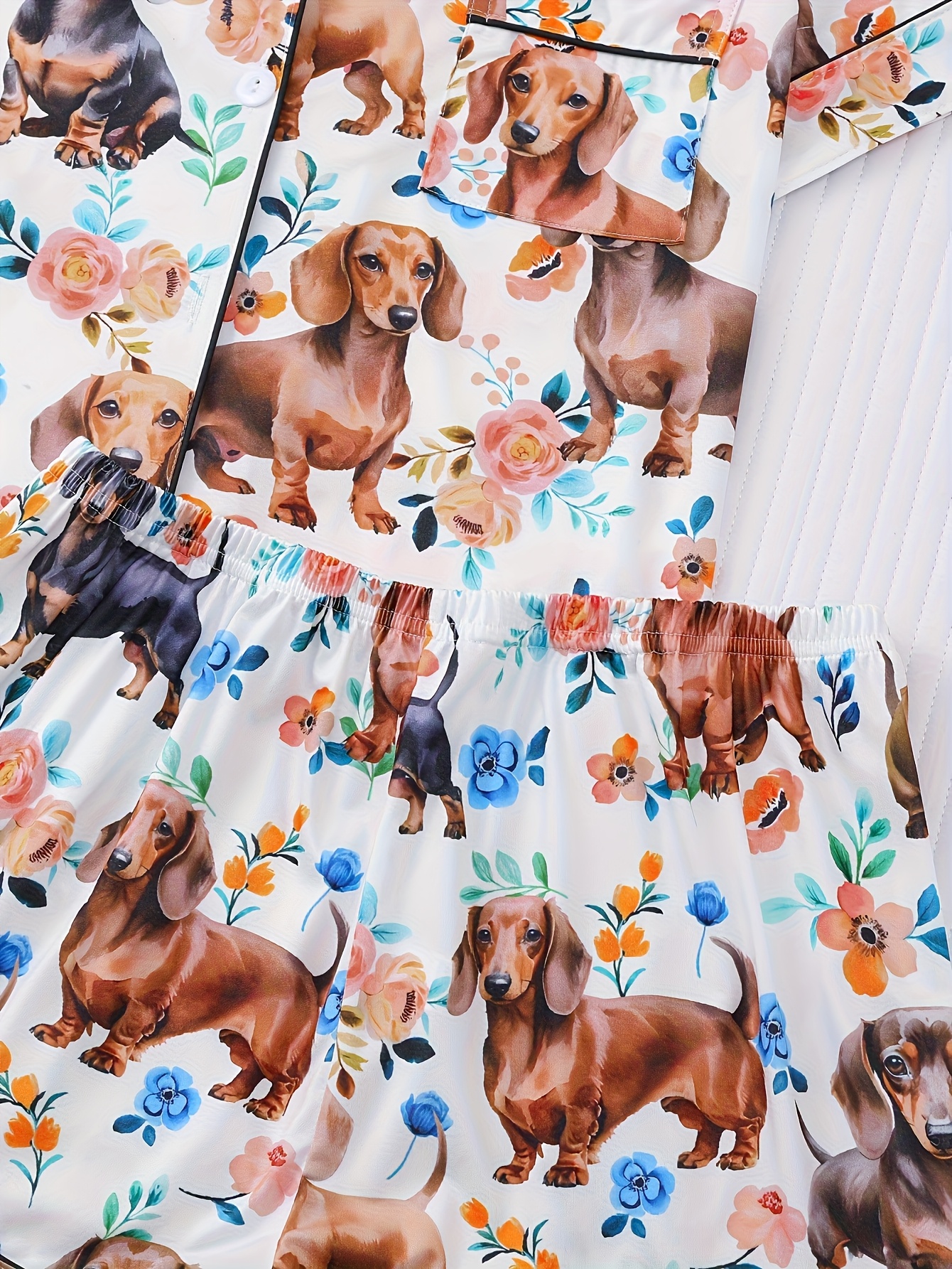   dachshund print womens pajama set short sleeve button up shirt with collar loose elastic shorts comfortable lounge wear for home outdoor   wear   design short sleeve top cute pajamas Product details 3