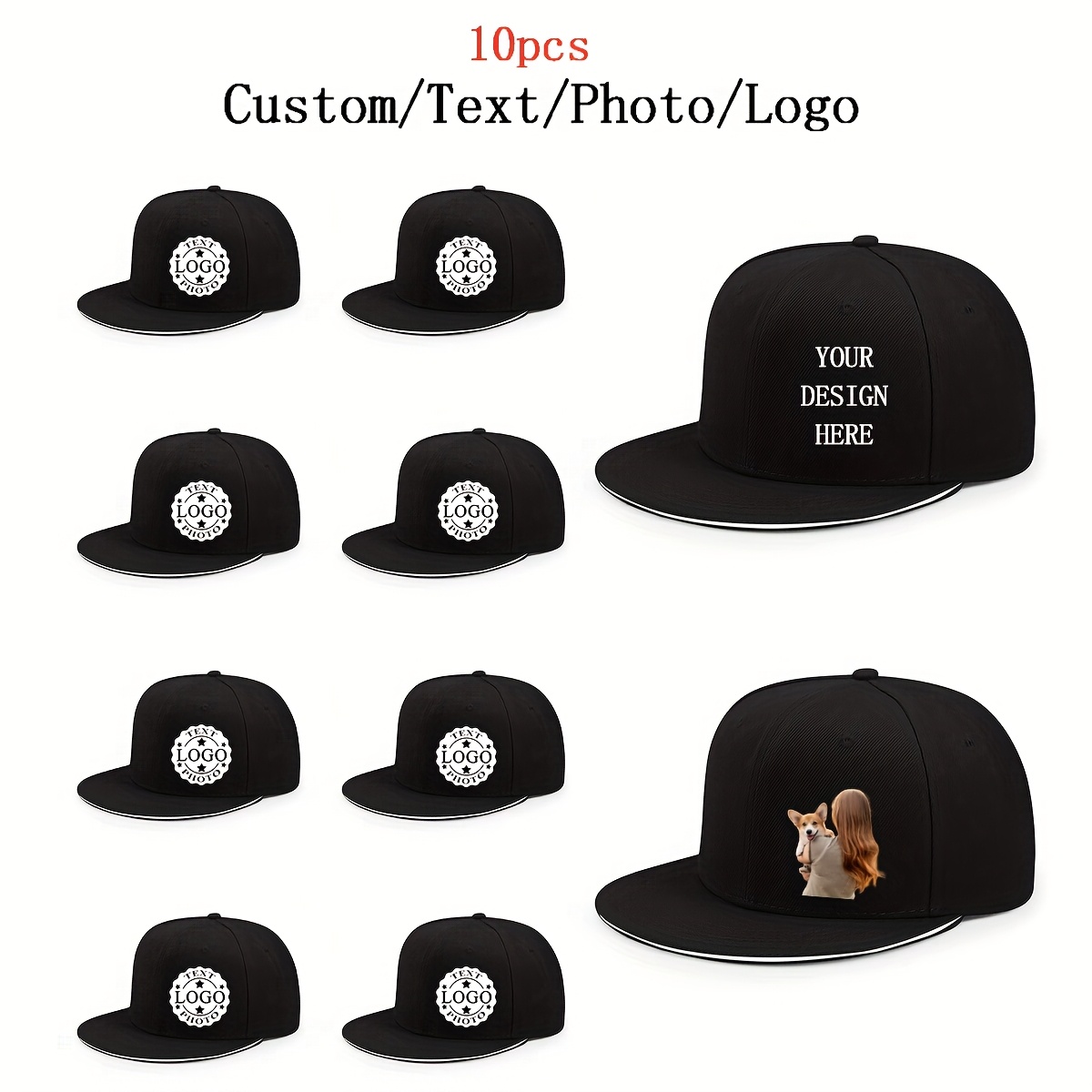 TEMU 10pcs Bulk Custom Logo/text/photo Personalized Baseball Caps - Adjustable Snapback, 6-panel Flat-brim Hats With Logo/text/photo Printing, Bulk