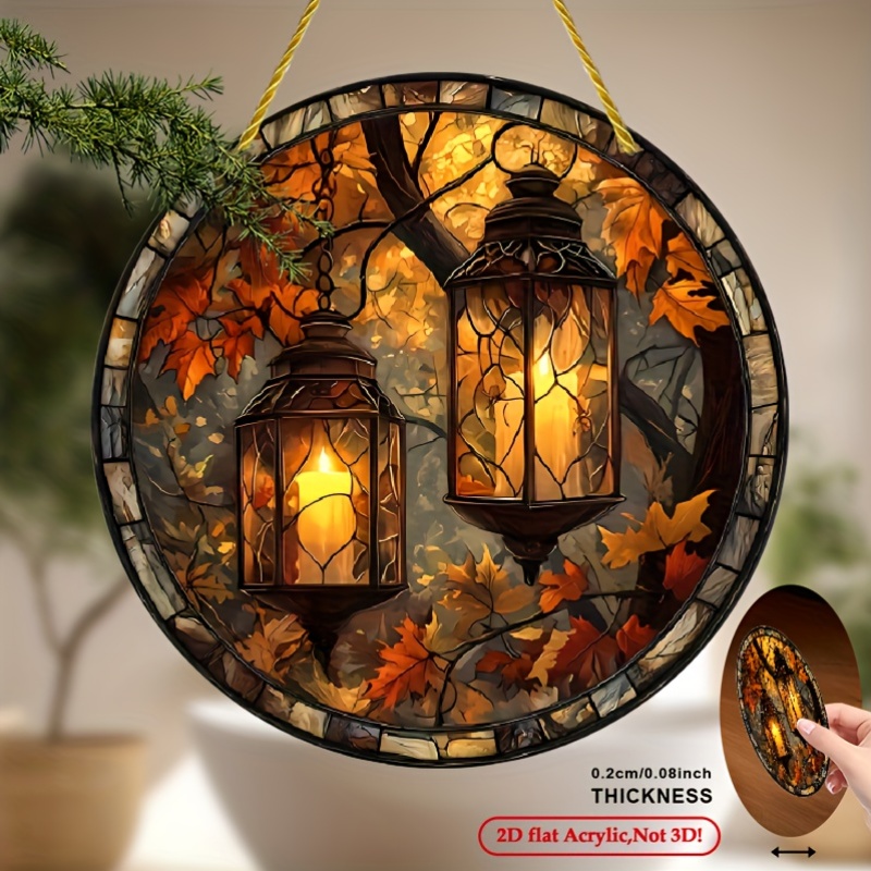 TEMU 2d Flat Autumn Lantern Sun Catcher - Retro Fall Decor With Hanging Loop - Non-electric Decoration For Thanksgiving, Halloween, - Indoor/outdoor