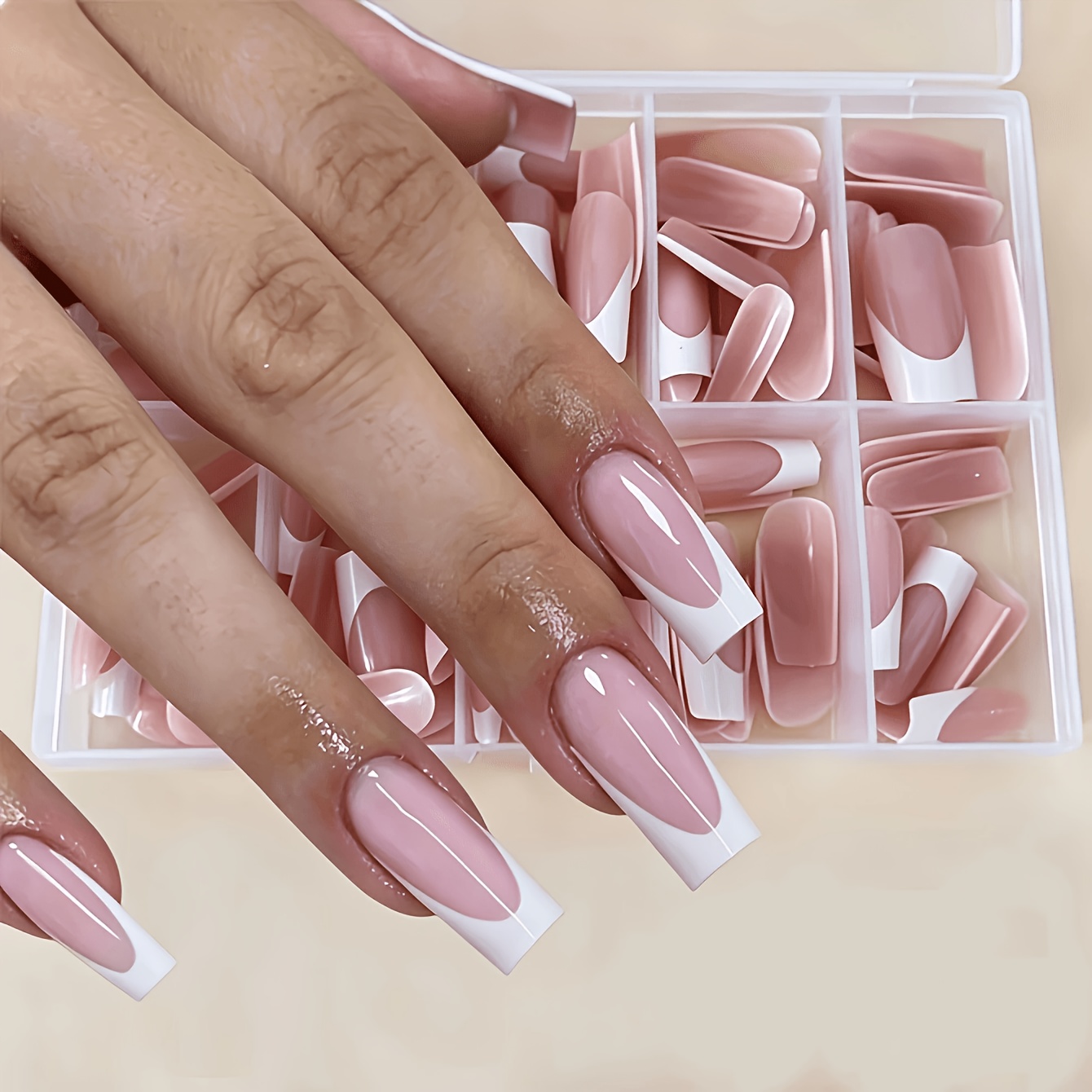 TEMU 133pcs (132pcs Of Wearable Nail Pieces + ) Coffin-style French Pointed Nail Clipper Nail Polish Shiny Nude Color With White Edges Artificial