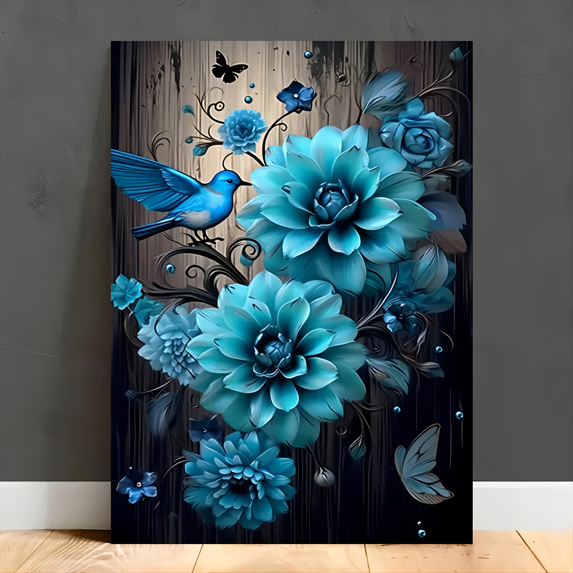 

1pc Wooden Framed Canvas Painting, Blue Flower Canvas Wall Art, Artwork Wall Painting For Bathroom Bedroom Office Living Room Wall Decor, Home Decoration Perfect Gift Ready To Hang (out Of The Box)