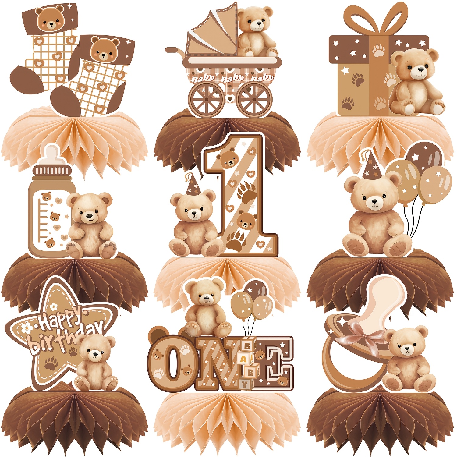 Image of 9pcs 1 Birthday Decorations Bear Themed 3d Honeycomb Centerpieces Decorations Able Birthday Party Decoration For Boy And Girl Birthday Party Supplies