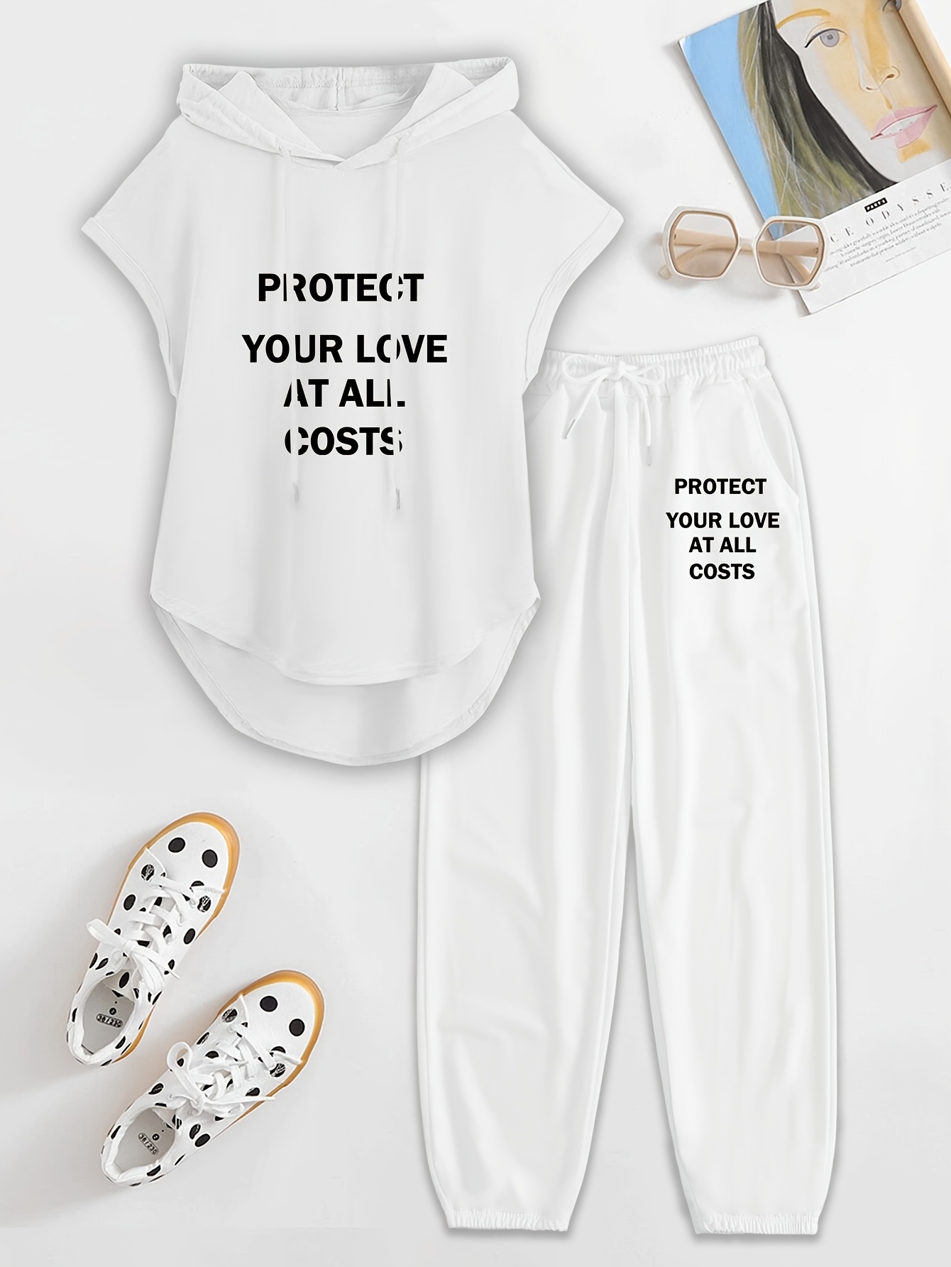 womens two piece drawstring sleeveless hooded   letter print pants elastic waist casual pants pants set
