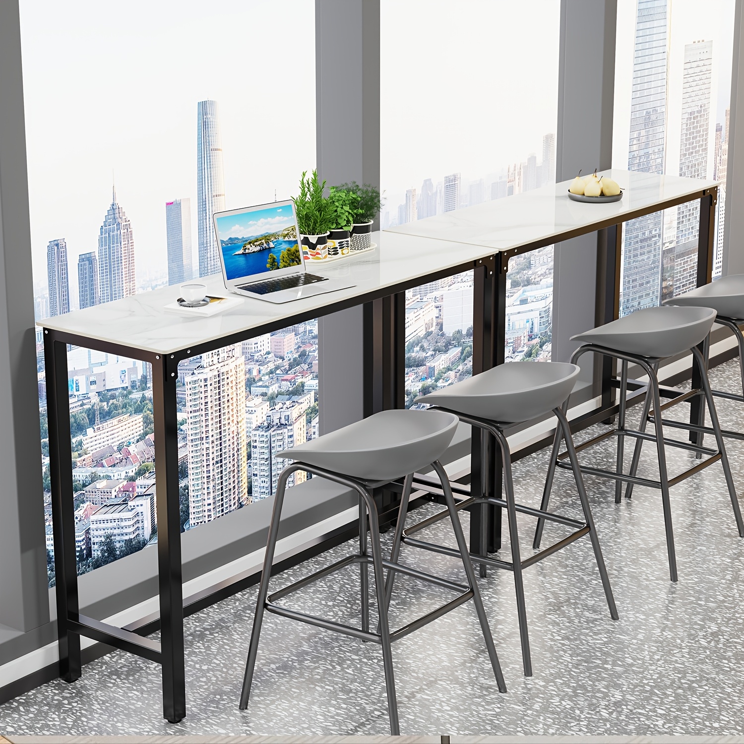 AESOME Counter Height Table Rectangle Sintered Stone Tabletop 47.2in Narrow Long Kitchen Dining Table 41.4in High Top Table Living Room Furniture, Sturdy Metal Frame