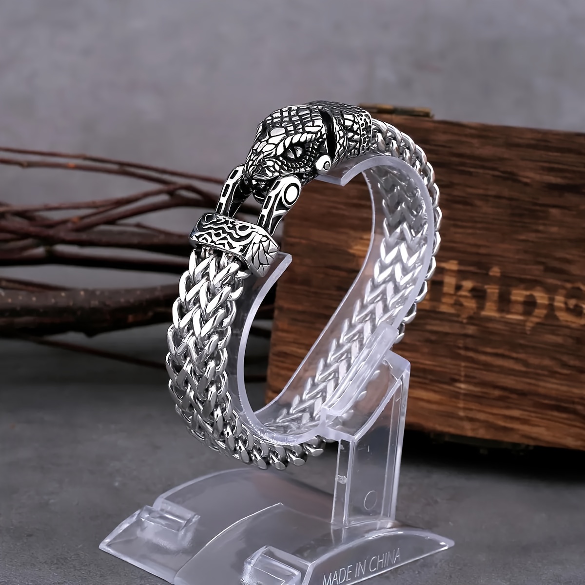 TEMU Pulsera De Acero Inoxidable Resistente Al Color Con Cabeza De Serpiente, Estilo Nórdico Vikingo, Regalo De Joyería Para Hombres, Pulsera De Moda