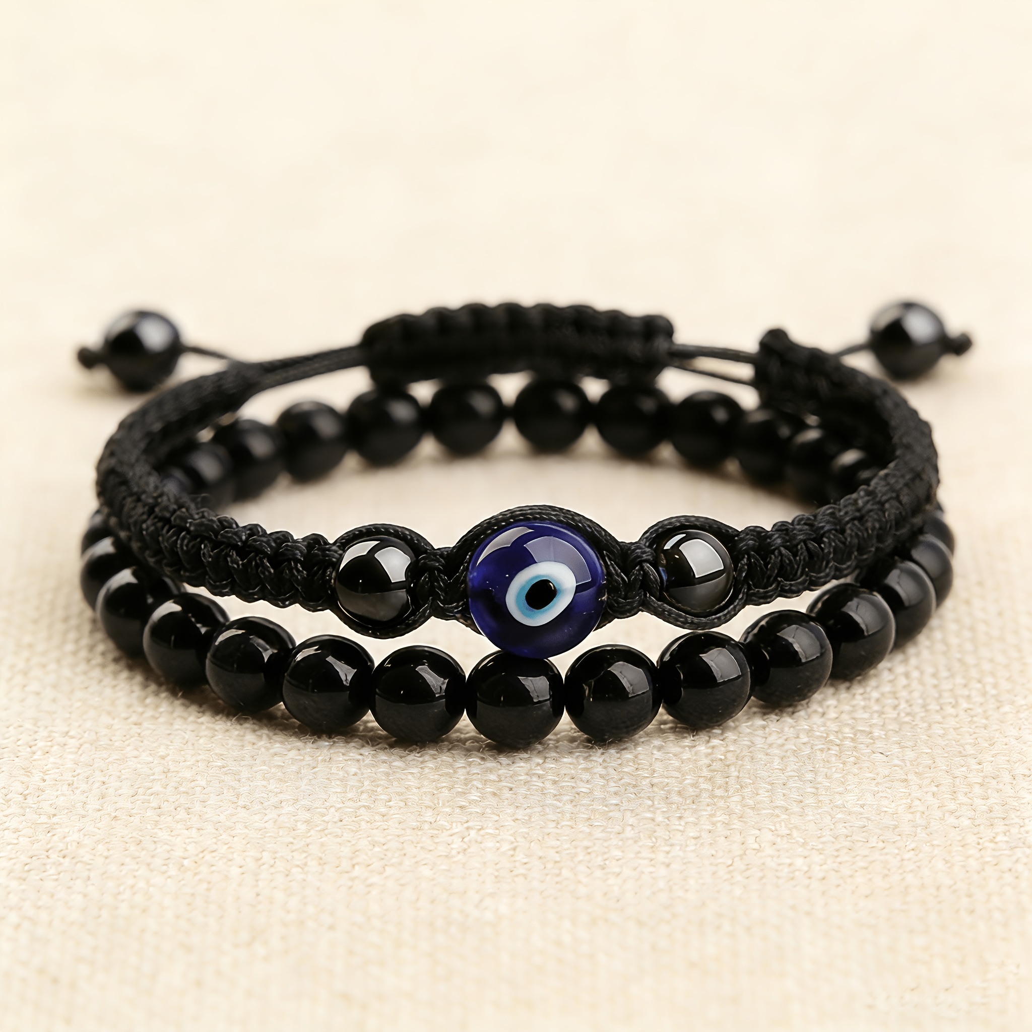 TEMU Set Of 2 Stylish Bracelets For Men, Handcrafted With A Demon , Suitable For Genders. Black Beaded Couple's Wristbands, Perfect As Gifts For On