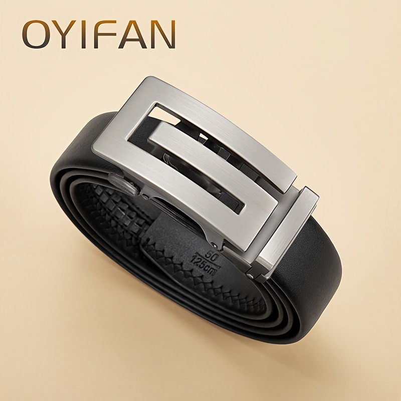 Oyifan High-end Business Men's Cowhide Formal Belt, Automatic Ratchet Buckle, Business Formal Occasions, Daily Wear, Suit Clothing, Adjustable Strap, Comfortable, Durable, Stylish Accessory.