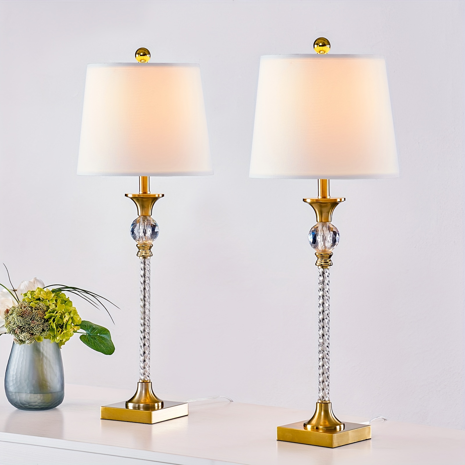 

29" Crystal Buffet Table Lamps Set Of 2, Modern Tall Skinny Brass Gold Bedside Lamps For Bedroom, 3-way Dimmable End Table Nightstand Lamps For Living Room, Entryway