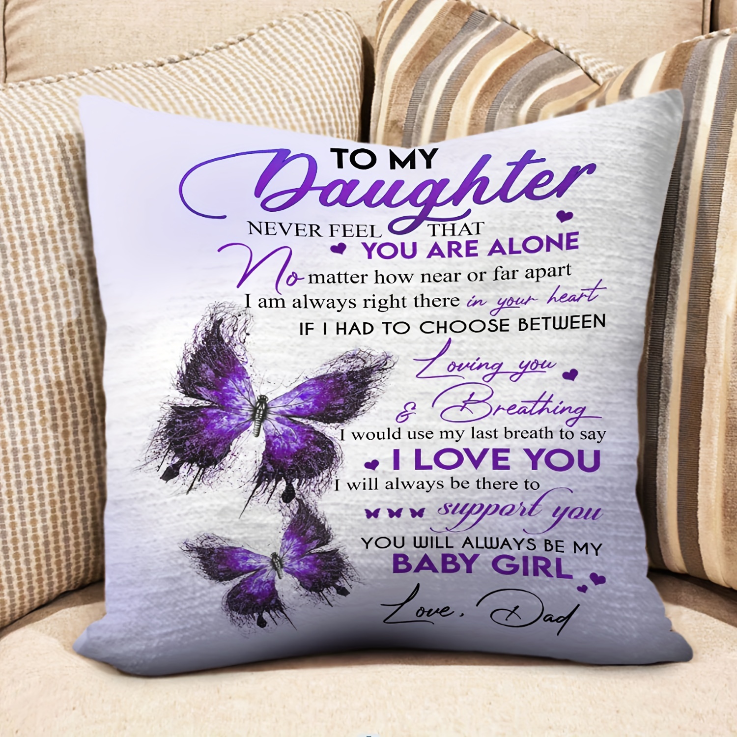 

1pc Traditional Style Purple Butterfly "to My Daughter" Sentimental Short Plush Pillow Cover, 18x18 Inch, Home Decor Gift From Dad Without Insert