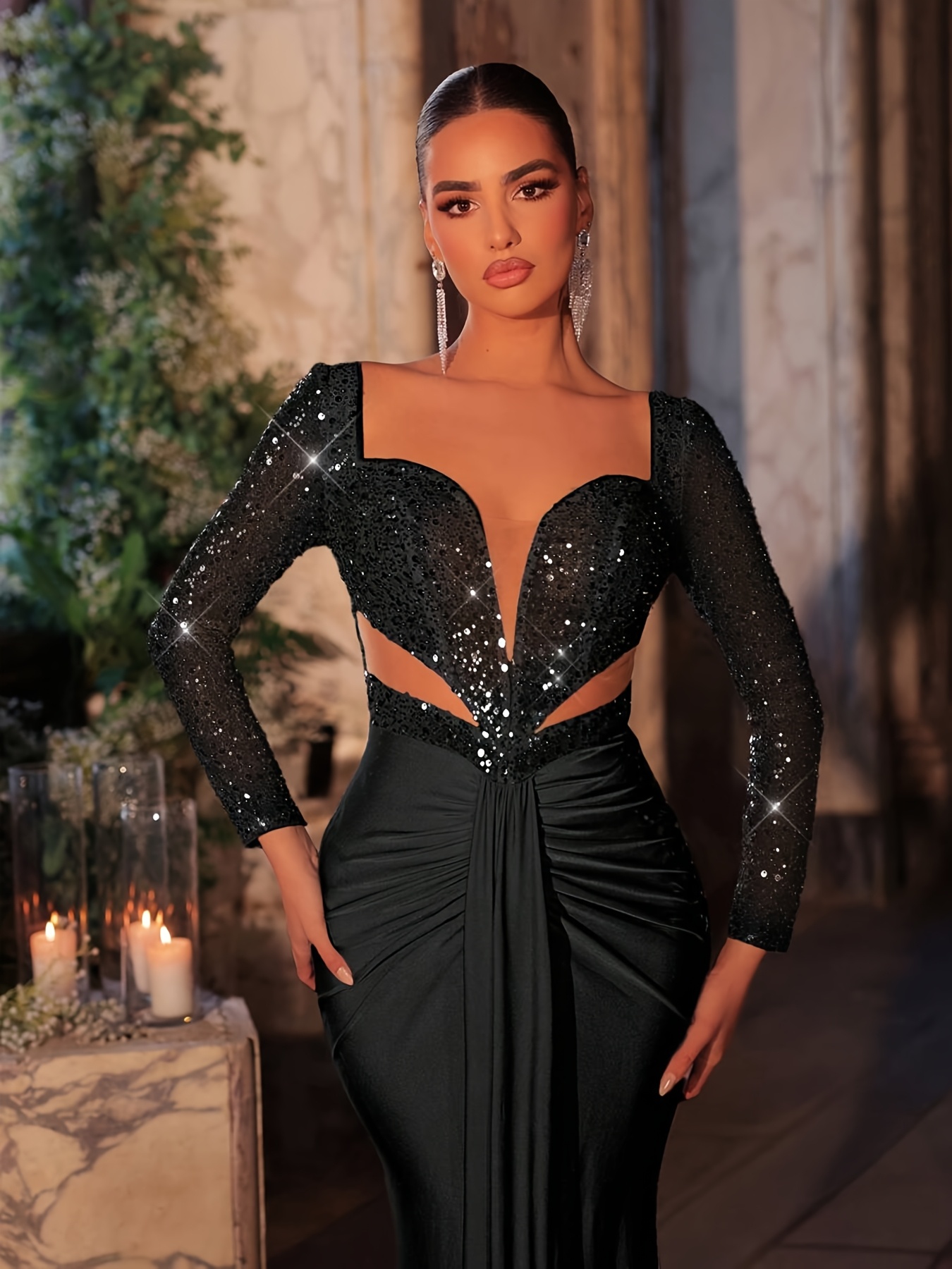 black formal event dress Long Black Formal Dress with Three-Quarter Sleeves Black / 6 main image 1