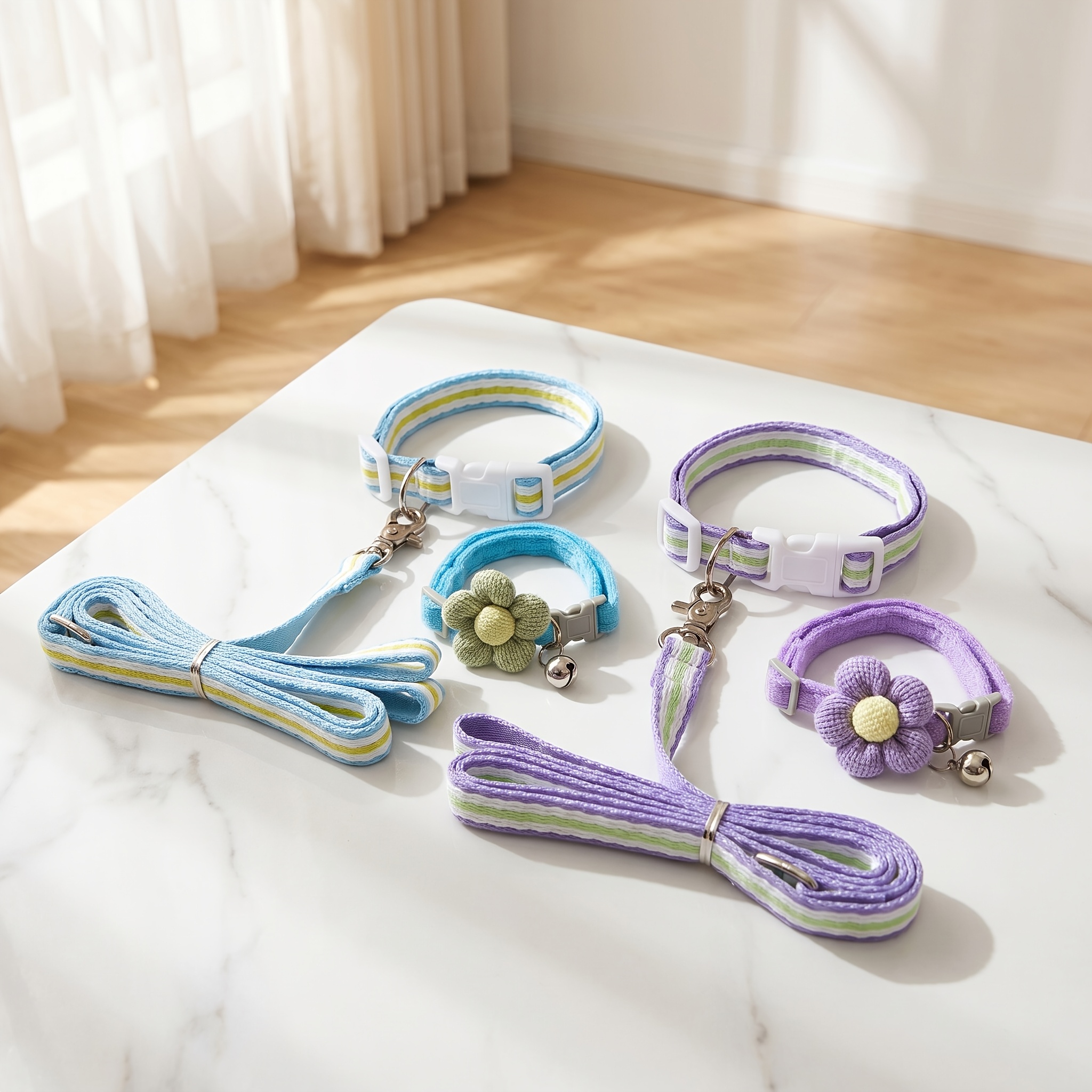 2pcs Knitted Flower Pet Collar and Leash Set