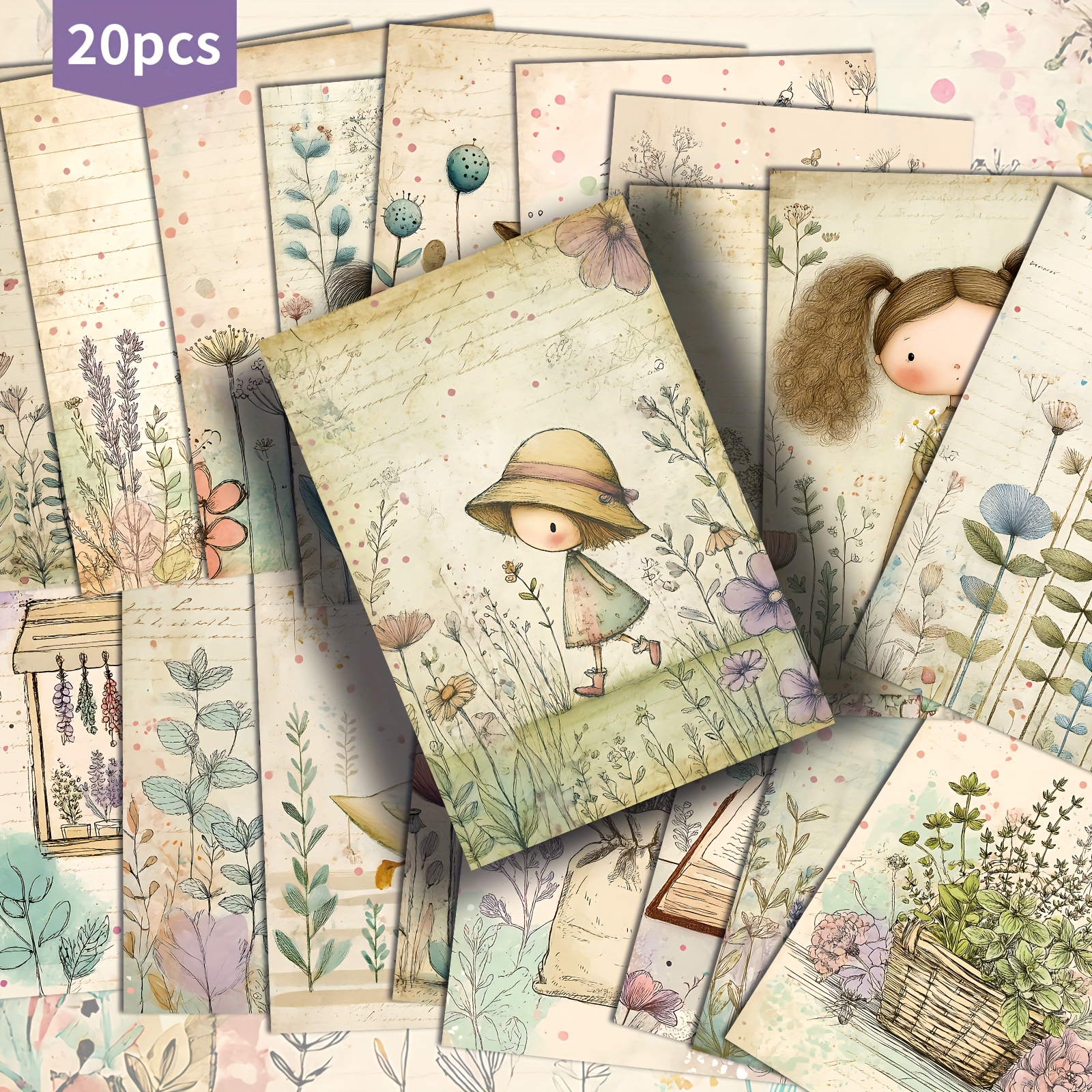 TEMU Set Of 20 Retro Garden-themed Postcards Featuring Dolls, Plants, And Adorable Animals - Measuring 4x6 Inches, Perfect For Junk Journaling,