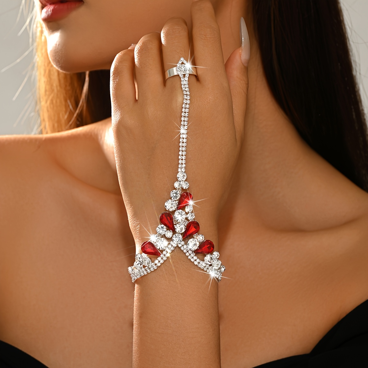 1 pç Pulseira de Corrente para as Costas da Mão Feminina, com Anel e Cristais Verdes em Forma de Lágrima, Cobre com Incrustações de Cristais, Ideal para Casamentos, Jantares de Gala e Bailes 8