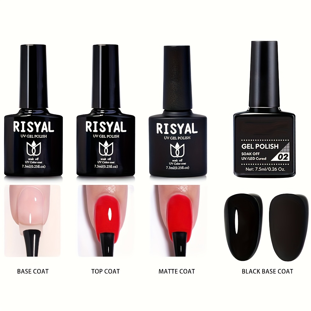 Image of Gel Nail Polish Kit 4pcs - Base Coat & No-wipe Shiny & Matte & Black Gel Polish, Long-lasting High Gloss Or Velvet , Home Manicure Set For Women Christmas Gift