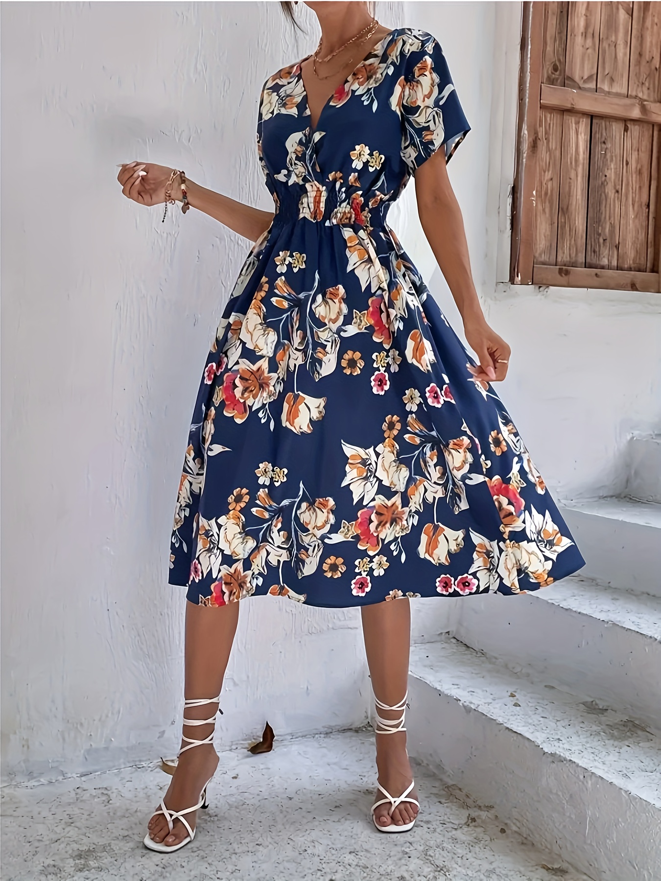 floral print surplice neck dress casual short sleeve shirred waist dress for spring summer womens clothing navy blue 0