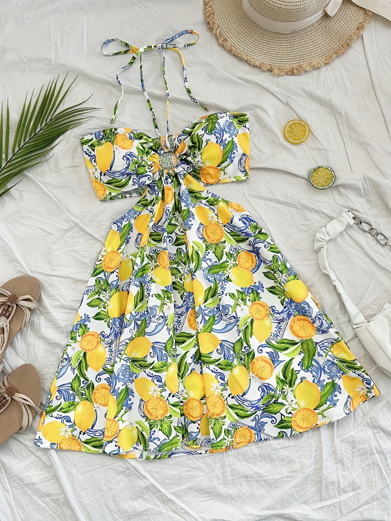 chic lemon print halter neck dress vibrant yellow lemons Temu