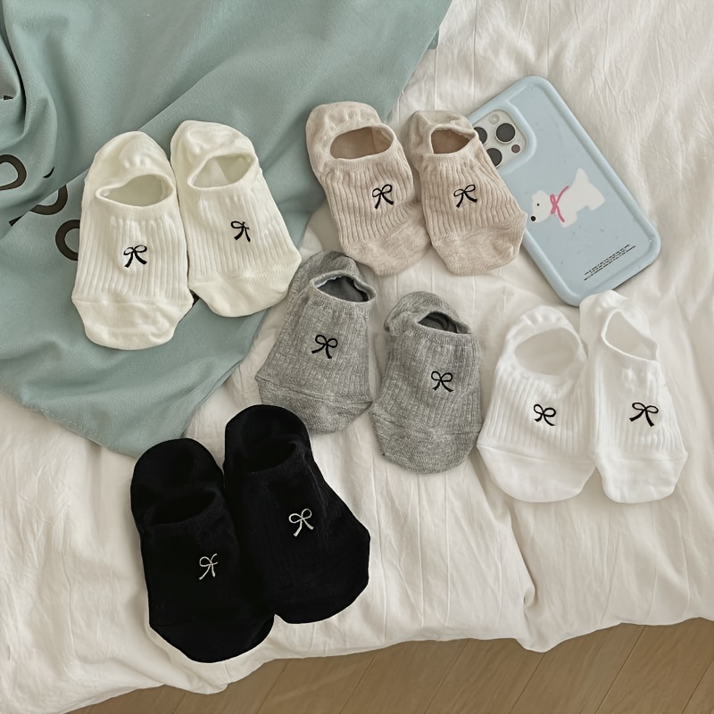 Image of 5-pair Bow Print Socks, Suitable For Eur 33-/us 3-7, Spring/summer Thin Breathable Socks, , Non-slip Heel, Internet-famous Korean Style Trendy Socks, For Teenager