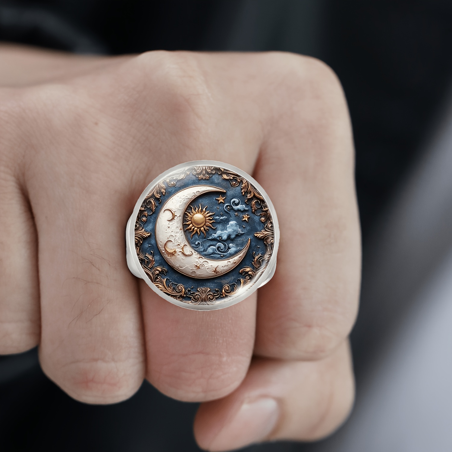 Adjustable Size White Ring with Sun and Moon Design